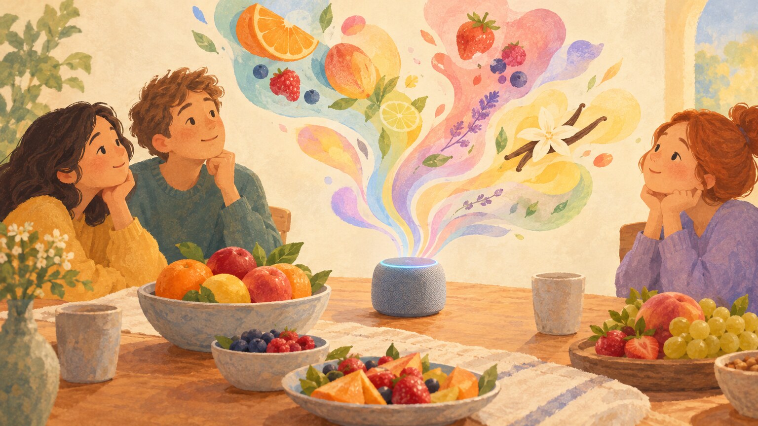 Colorful sound waves drift beside fruit and a small speaker on a dining table.
