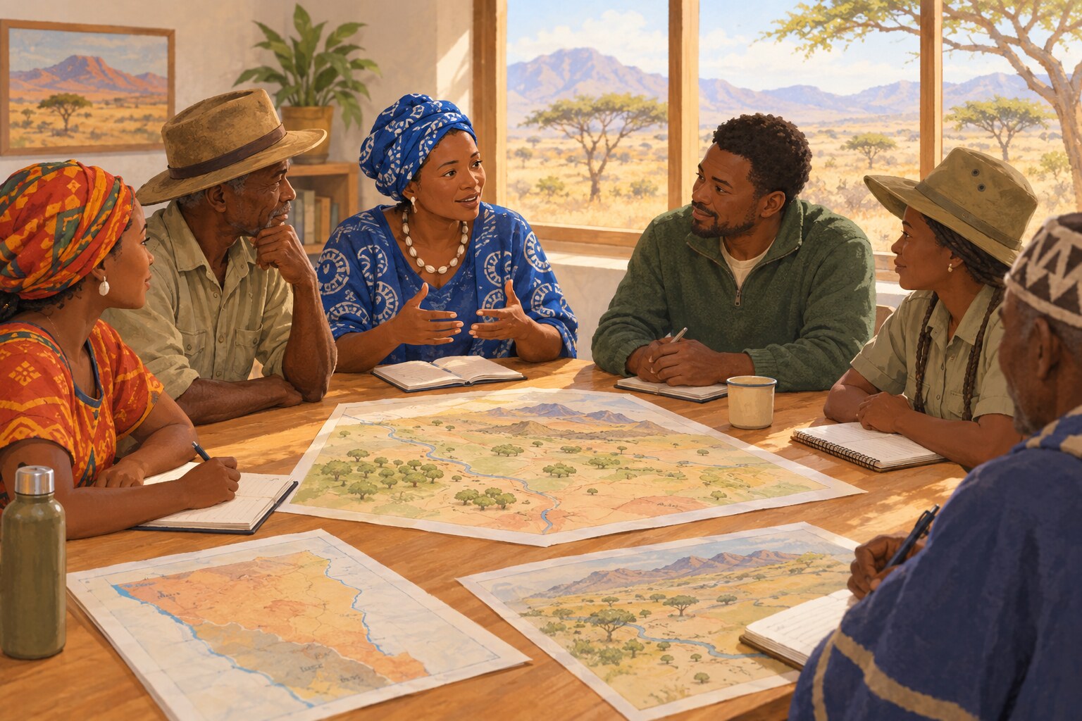 Community representatives gather around a table to discuss local priorities.