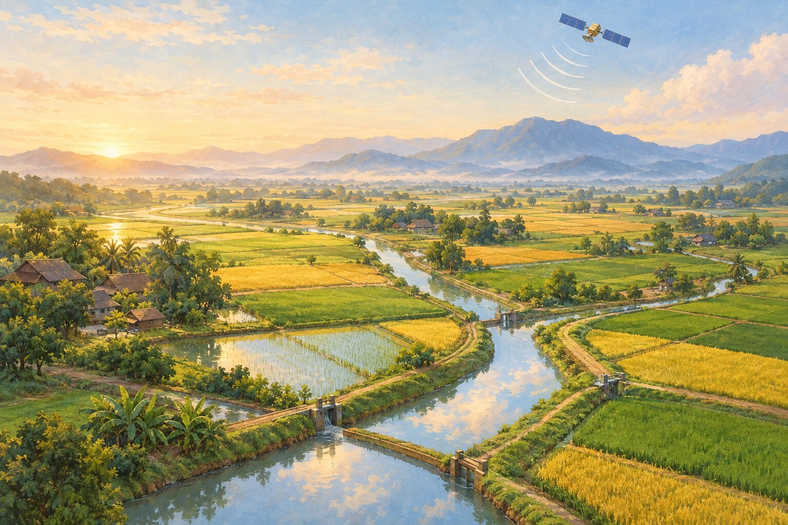 Irrigation canals carry water between fields beneath a small satellite in the sky.