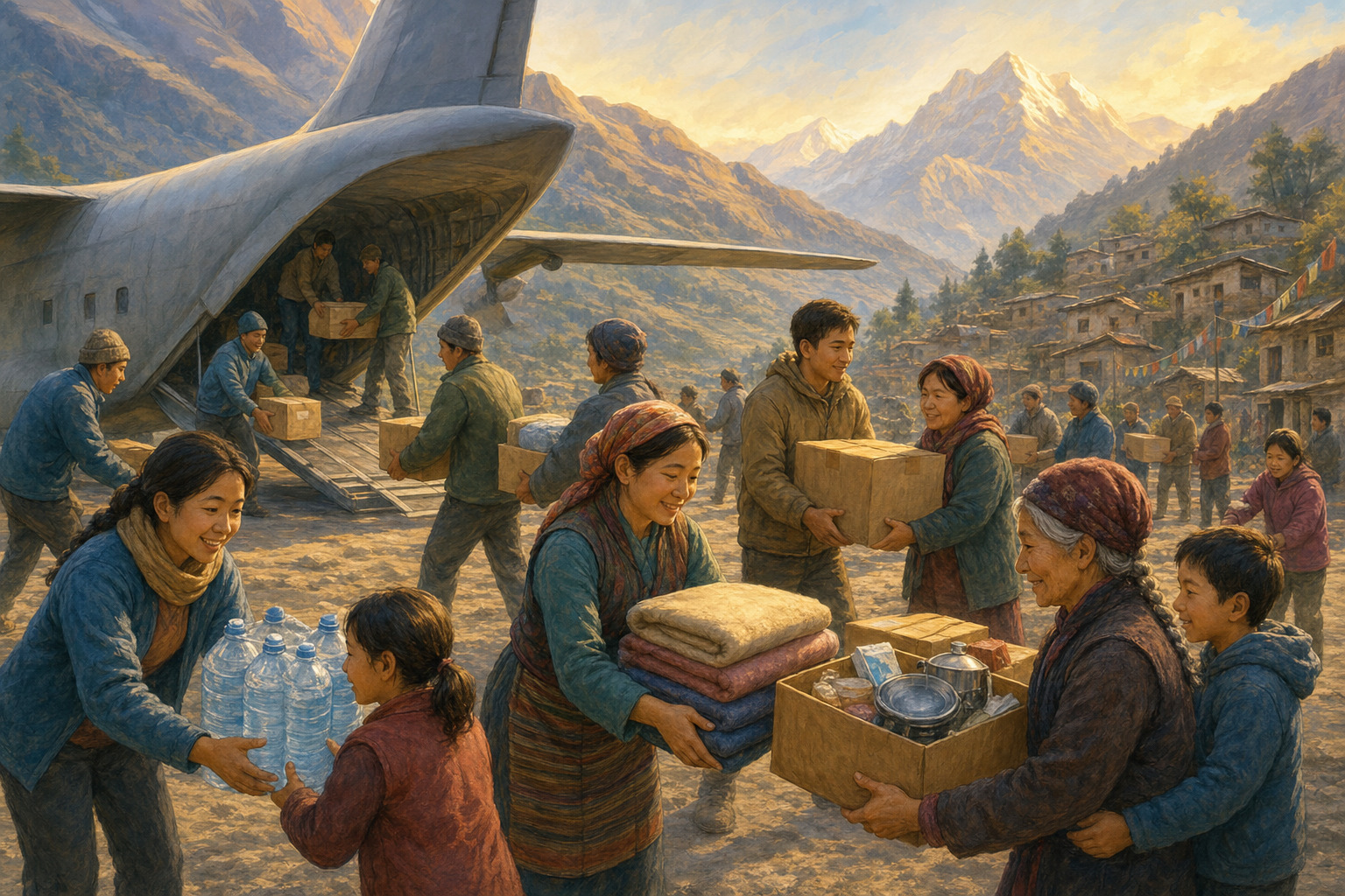 Relief workers unload emergency supplies from a cargo plane for families in a mountain valley.