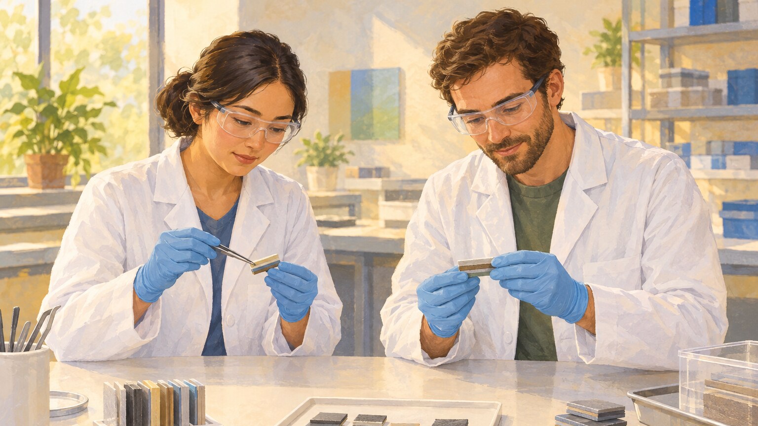 An illustrative laboratory scene with researchers examining sample materials.