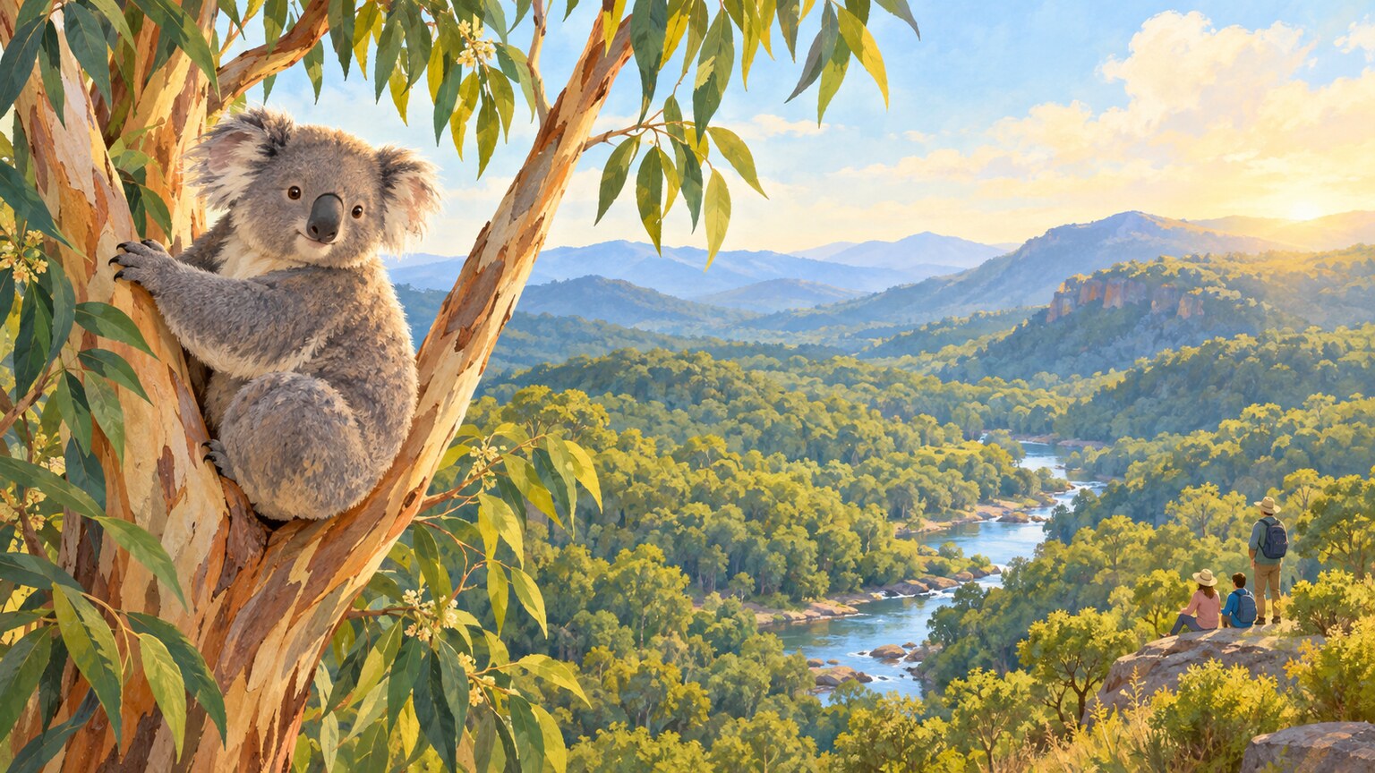 A koala rests in a eucalyptus tree above a green forest reserve.