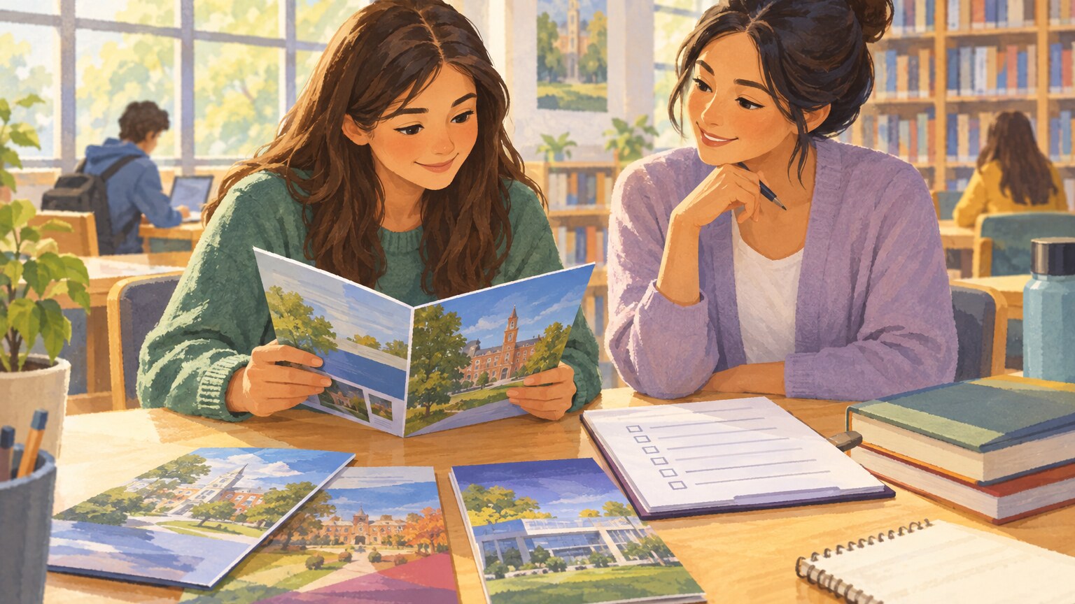 Eine Sch&uuml;lerin im Abschlussjahr der Highschool geht mit einer Beraterin die Unterlagen f&uuml;r ihre Collegebewerbung durch.