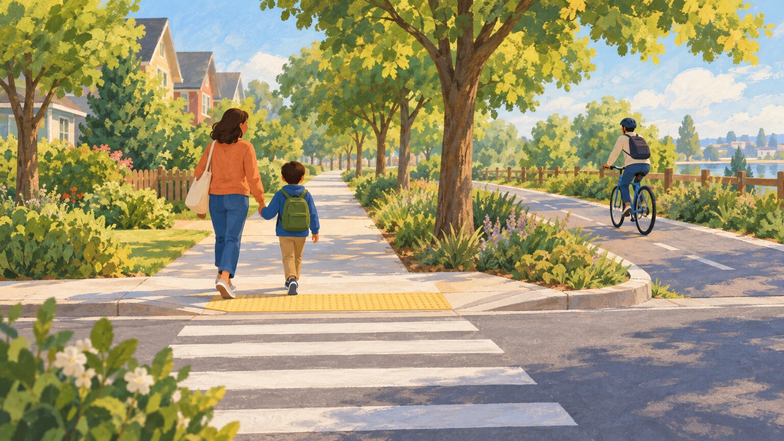 A family walks beside a cyclist on a neighborhood path near a safe crossing.