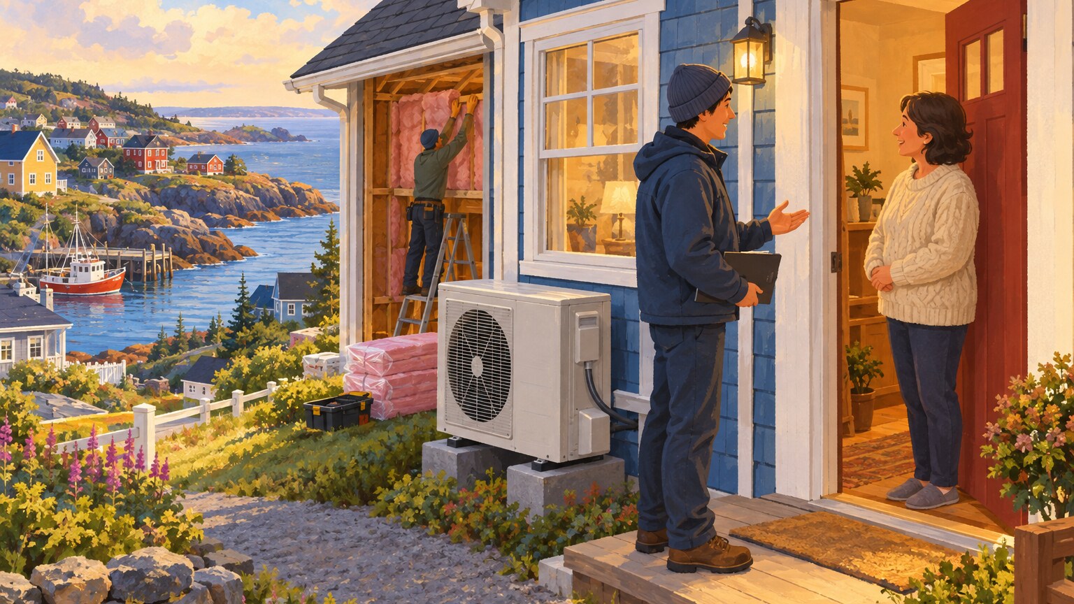 Ein Techniker hilft einem Bewohner bei Maßnahmen zur Energieeinsparung in einem Haus in Neufundland.