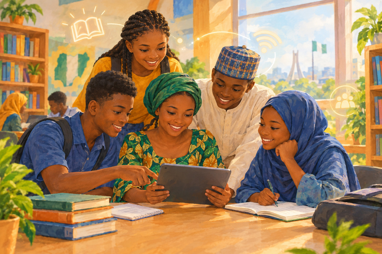 Students in Nigeria use a tablet and books together in a bright learning space.
