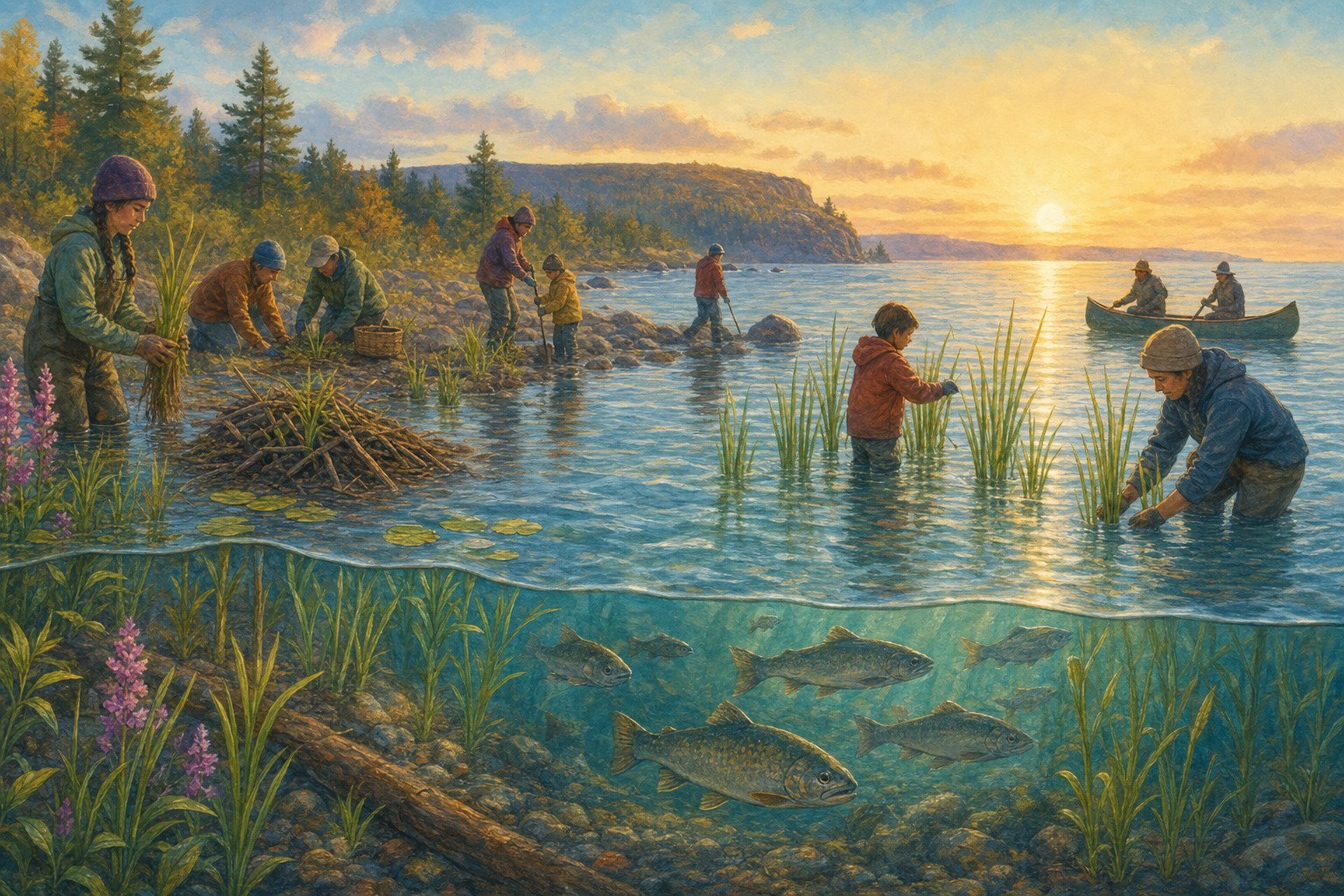 A restored lake shoreline with healthy fish habitat and a community caring for the water.