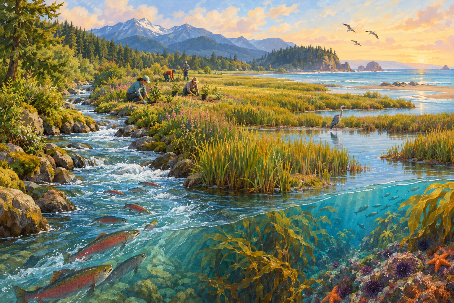 A restored river, marsh, and reef provide healthy habitat for fish and other wildlife.
