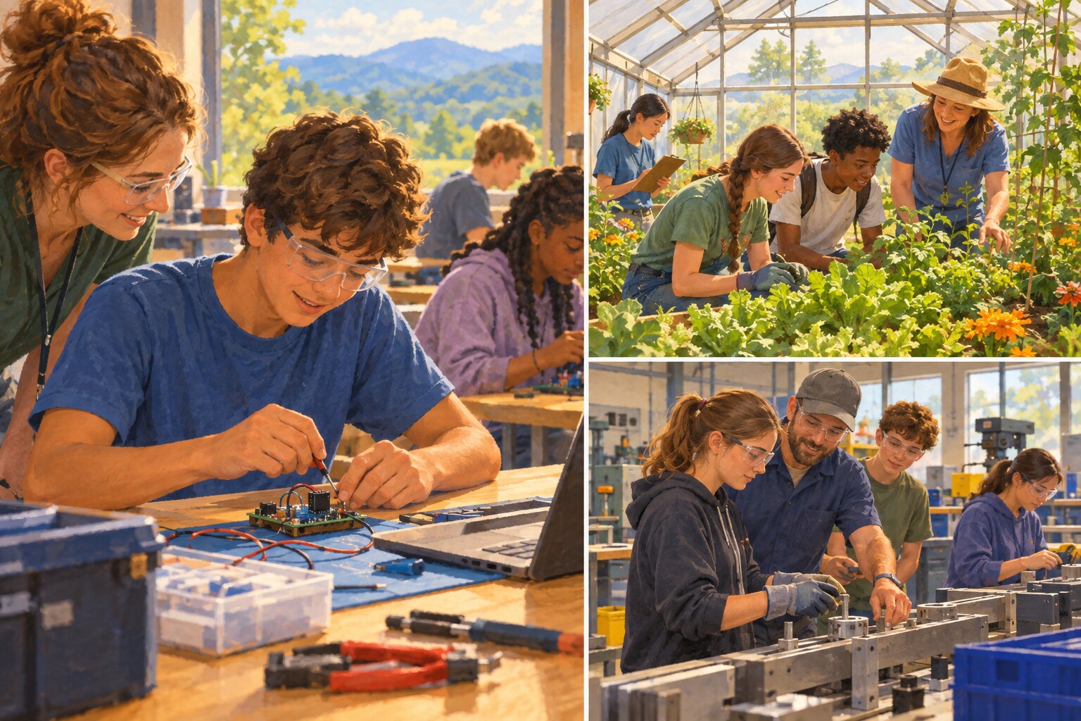 Sch&uuml;lerinnen und Sch&uuml;ler erkunden in einer Sommerakademie mit unterst&uuml;tzenden Ausbildenden praktische berufliche F&auml;higkeiten.