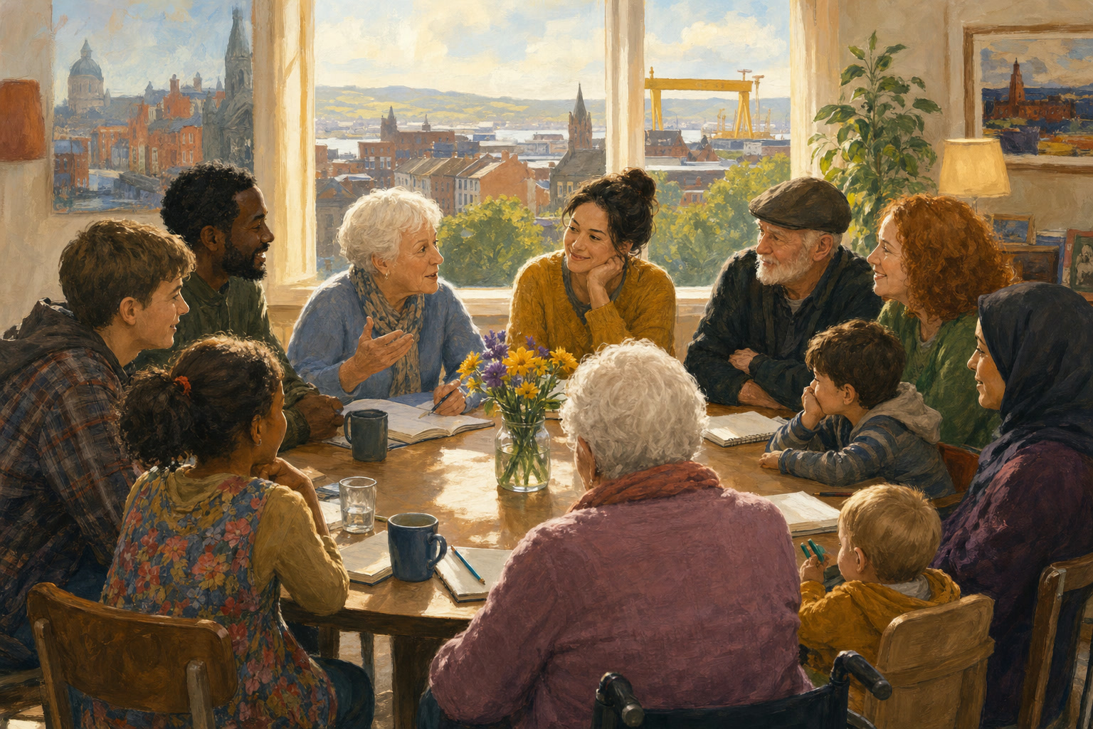 Neighbors gather around a table to share ideas at a community meeting in Belfast.