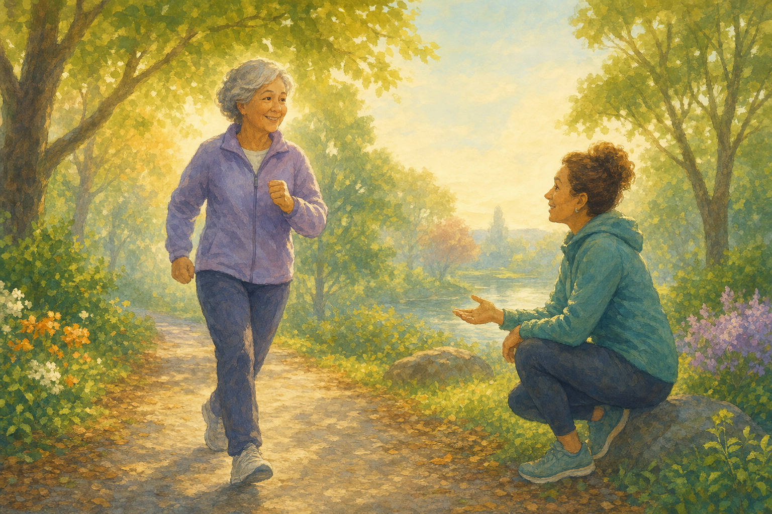 An older adult and a coach walking together on a leafy path in the morning.