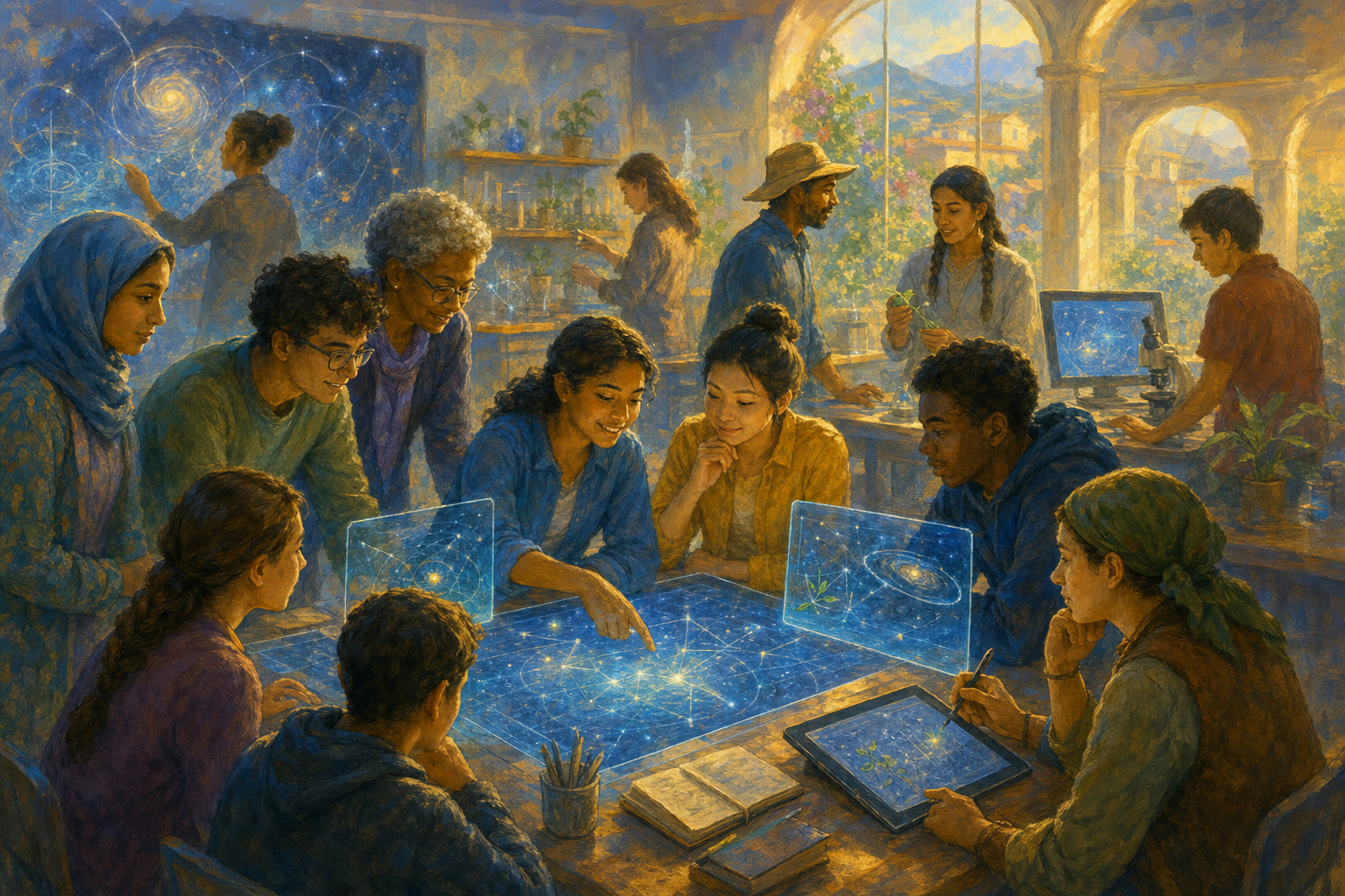 Students and researchers work together around shared computing tools in a bright science lab.