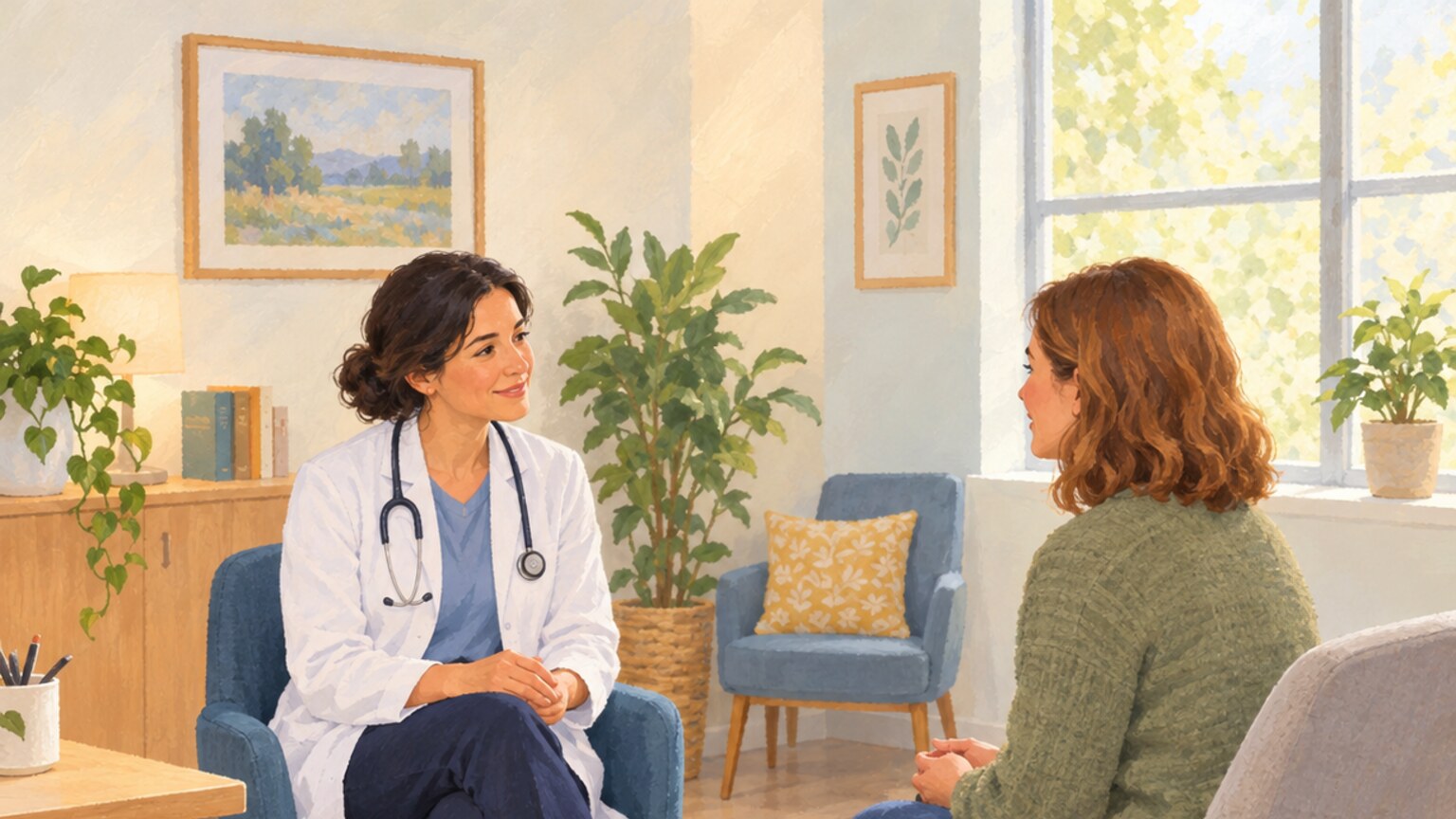 A general practitioner speaks with a patient in a bright clinic room.