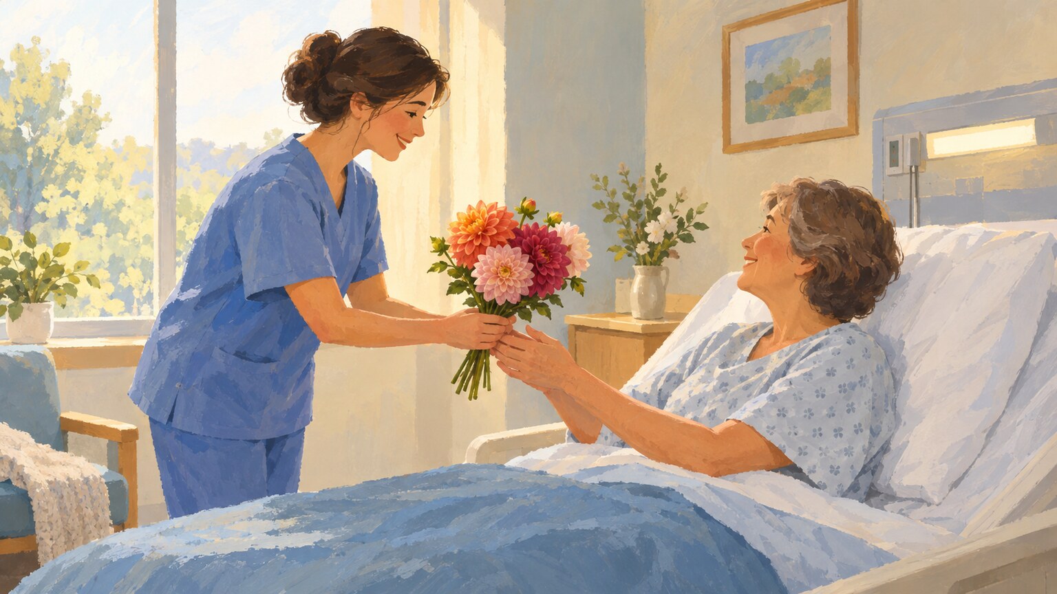 Eine Pflegekraft reicht einer Patientin oder einem Patienten in einem Krankenhauszimmer einen Strau&szlig; Dahlien.