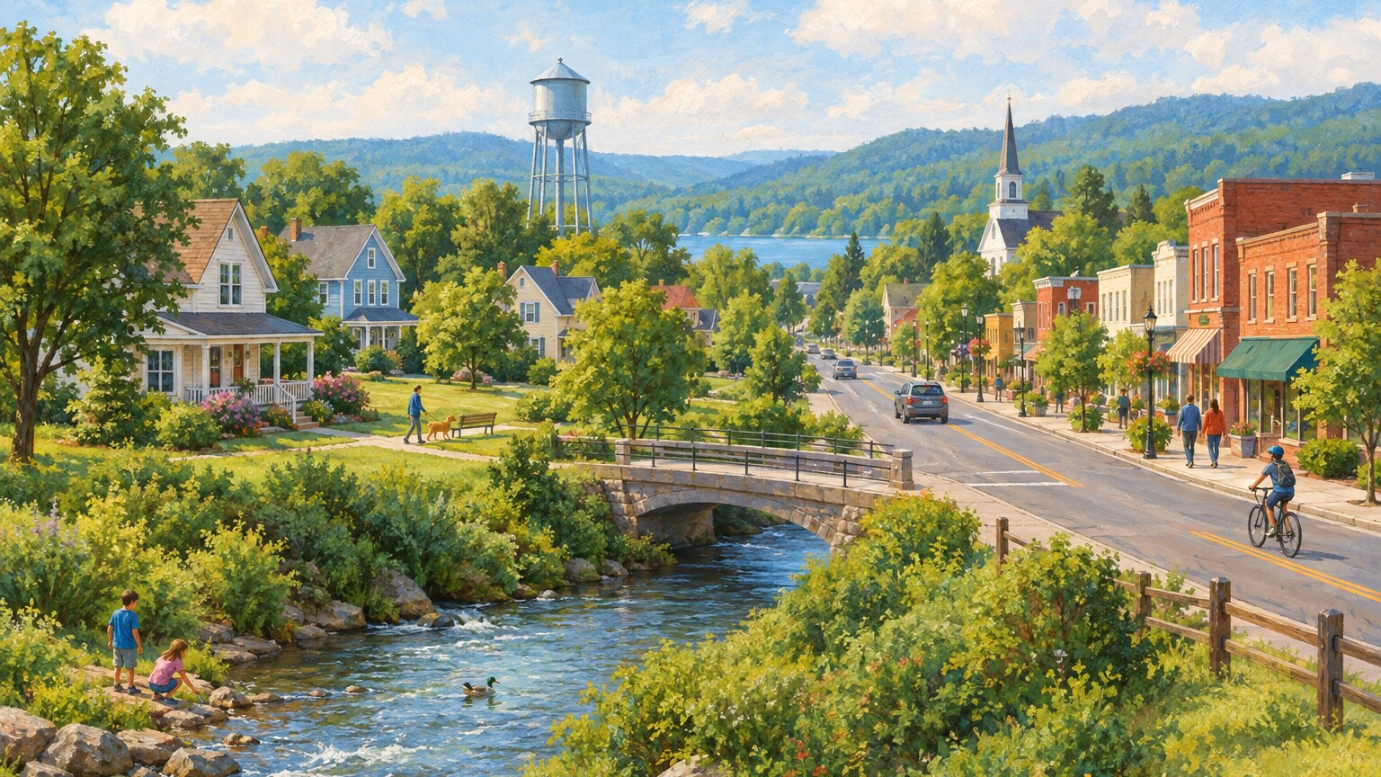 Homes and a water tower in a small town beside a clean stream.