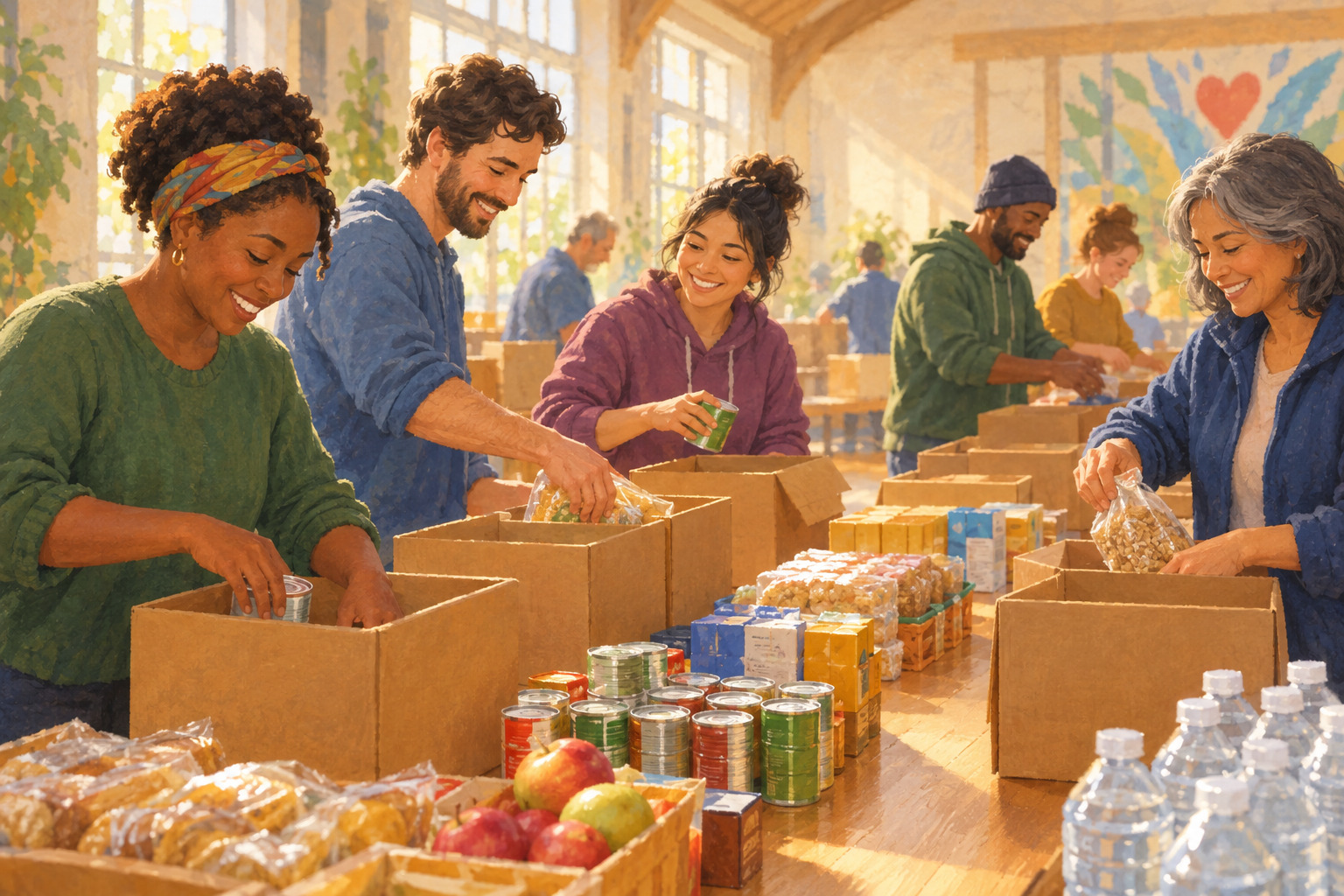 Volunteers prepare meal boxes together at a New York community service event.