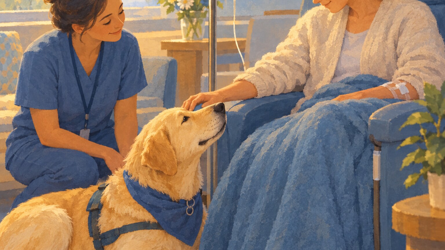 Ein gelber Labrador ruht neben einem Patienten während eines Besuchs in einer Infusionsambulanz.