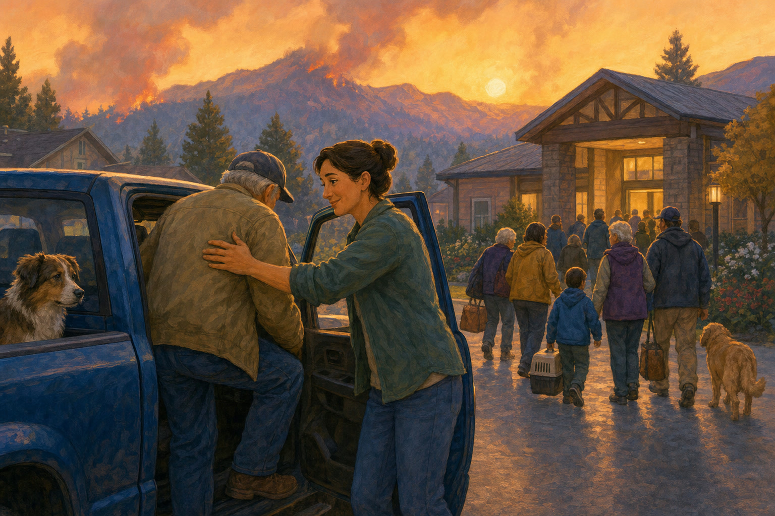 A neighbor helps an older man into a pickup truck during a wildfire evacuation.