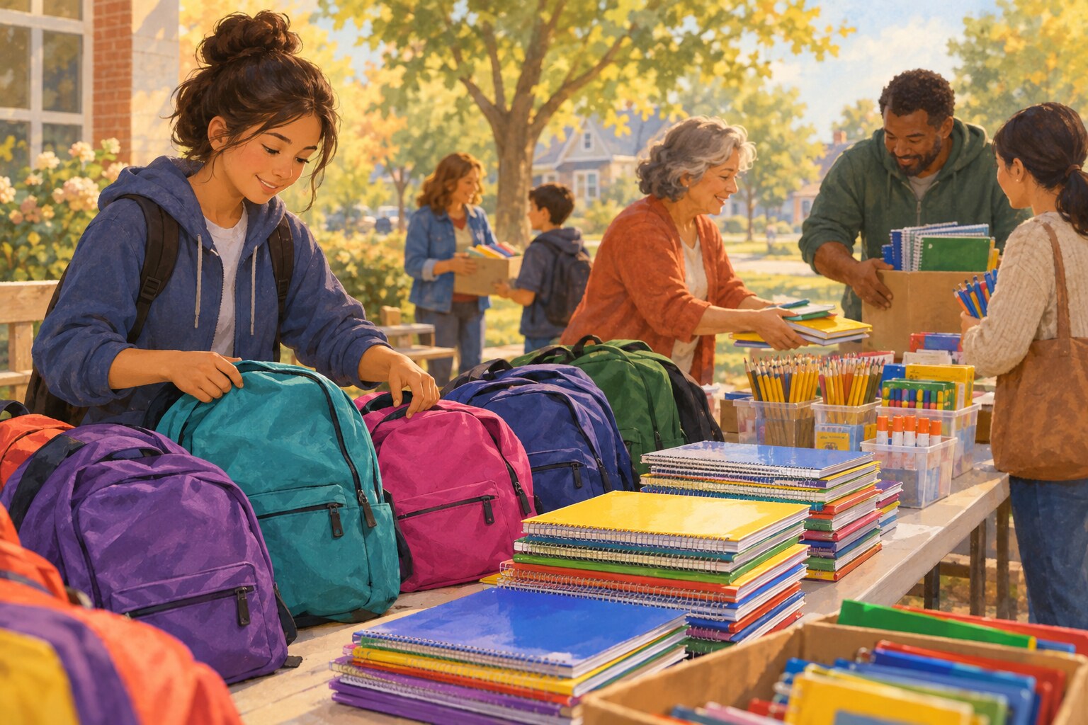 Backpacks and school supplies are set out for local children at a community drive.