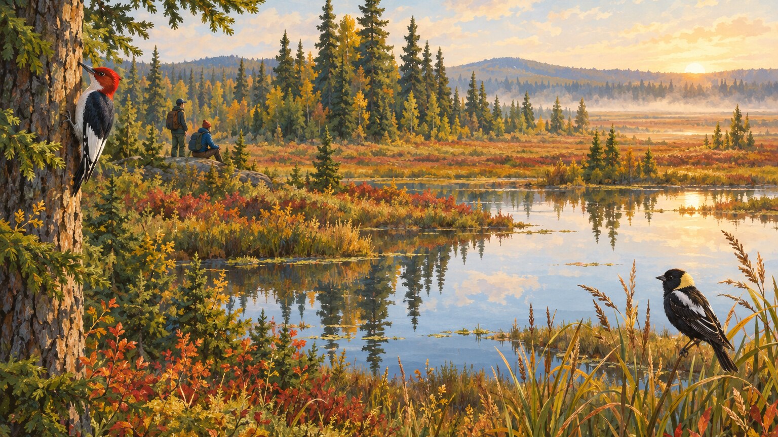 Borealer Wald und Moorlandschaft im Norden Ontarios mit zwei Vögeln in der Nähe.