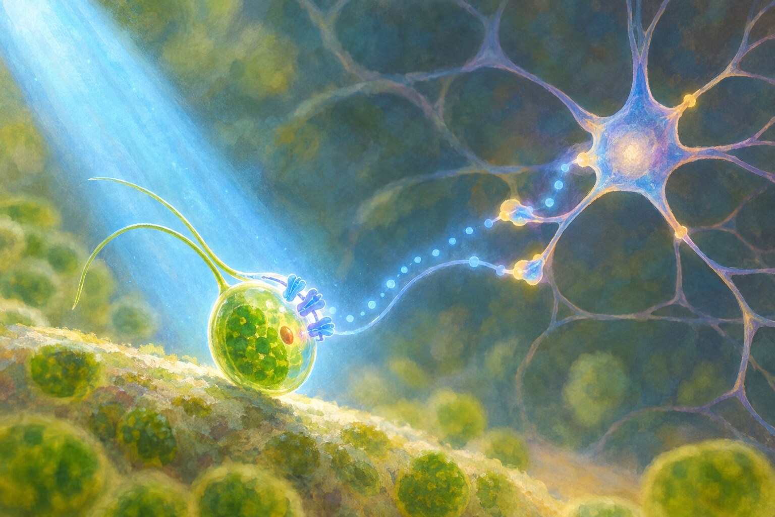 A blue beam of light illuminates an illustrated neural circuit beside a tiny alga.