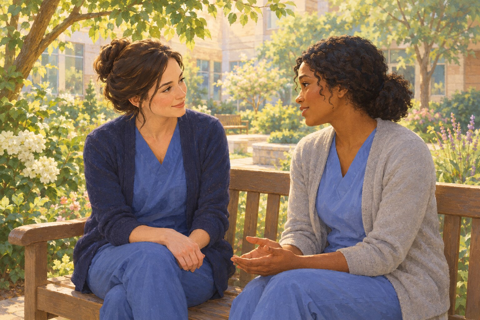 Two coworkers share a supportive conversation in a quiet hospital garden.