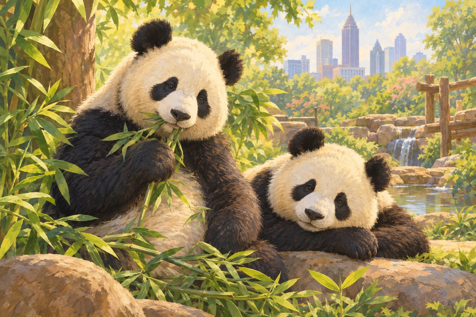 Two giant pandas rest among bamboo in a leafy zoo habitat.