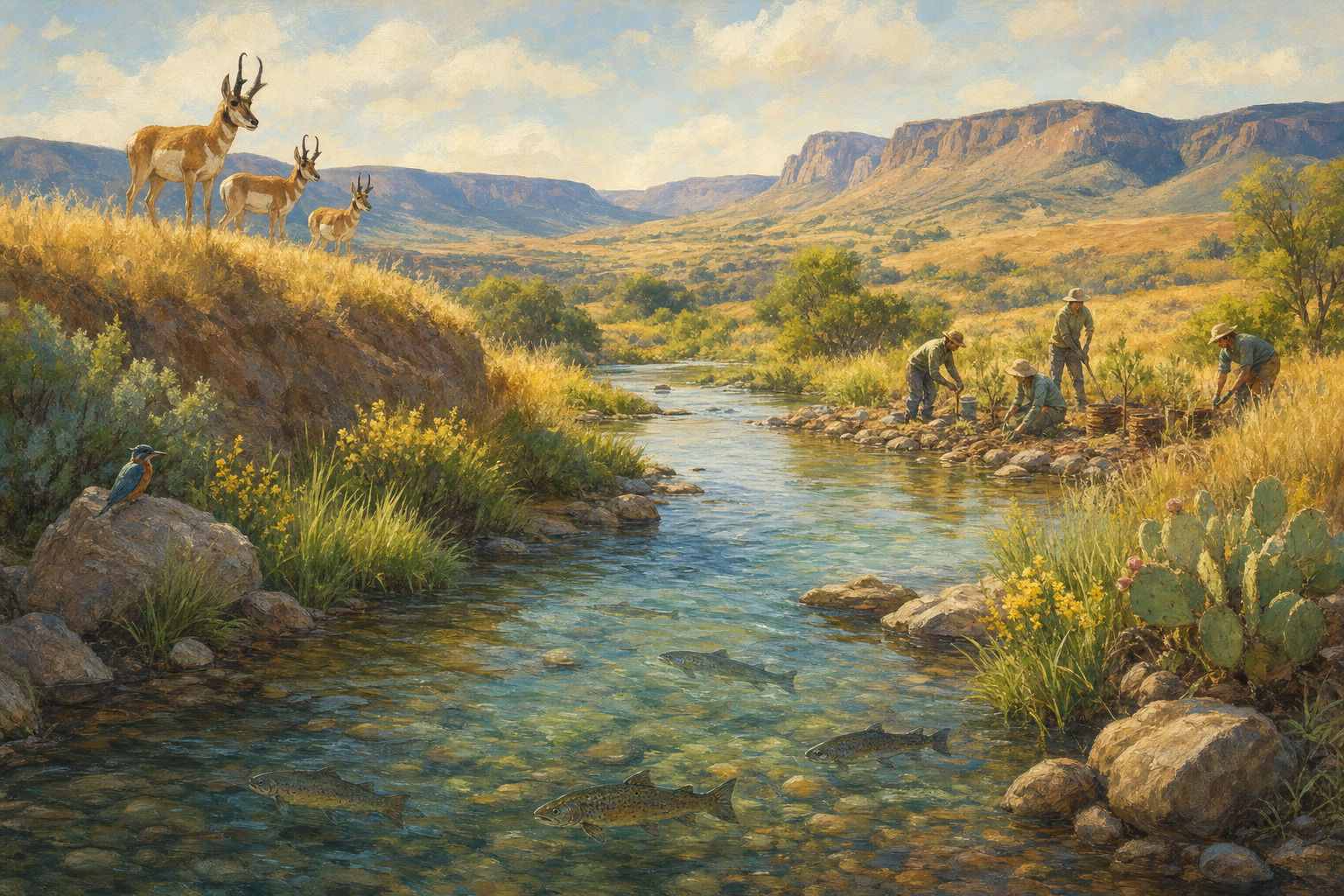 Pronghorn and native fish share a restored Pecos River landscape of grasslands and desert streams.
