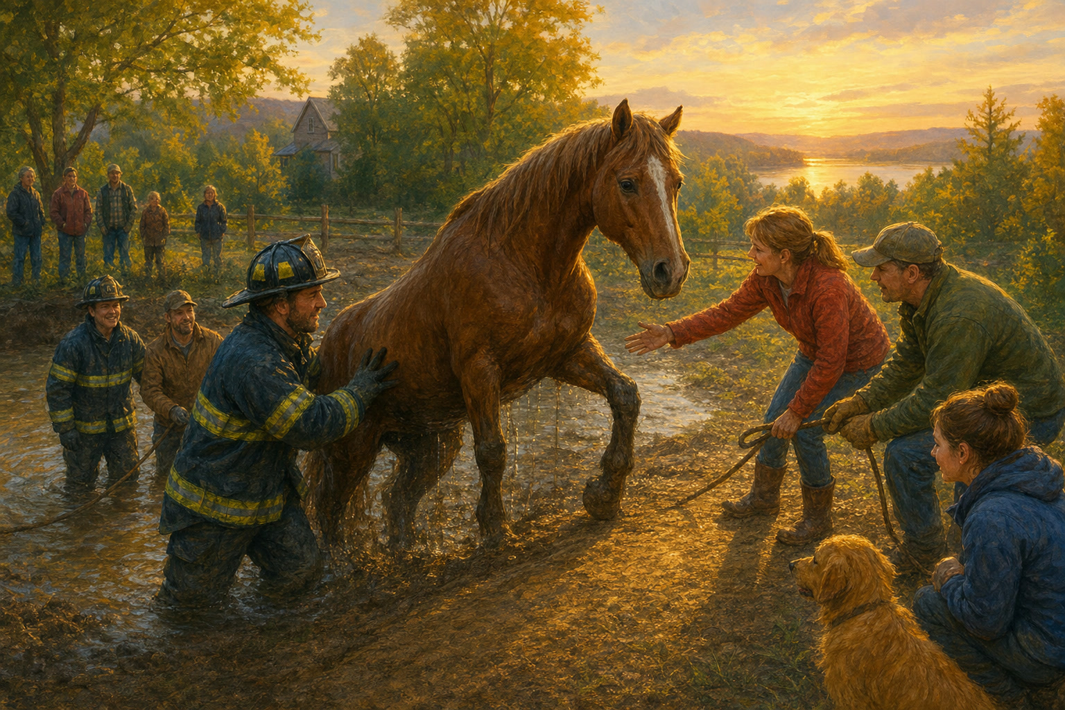 A rescued horse steps onto a sturdy ramp as firefighters and neighbors help from the edge of a muddy water hole.