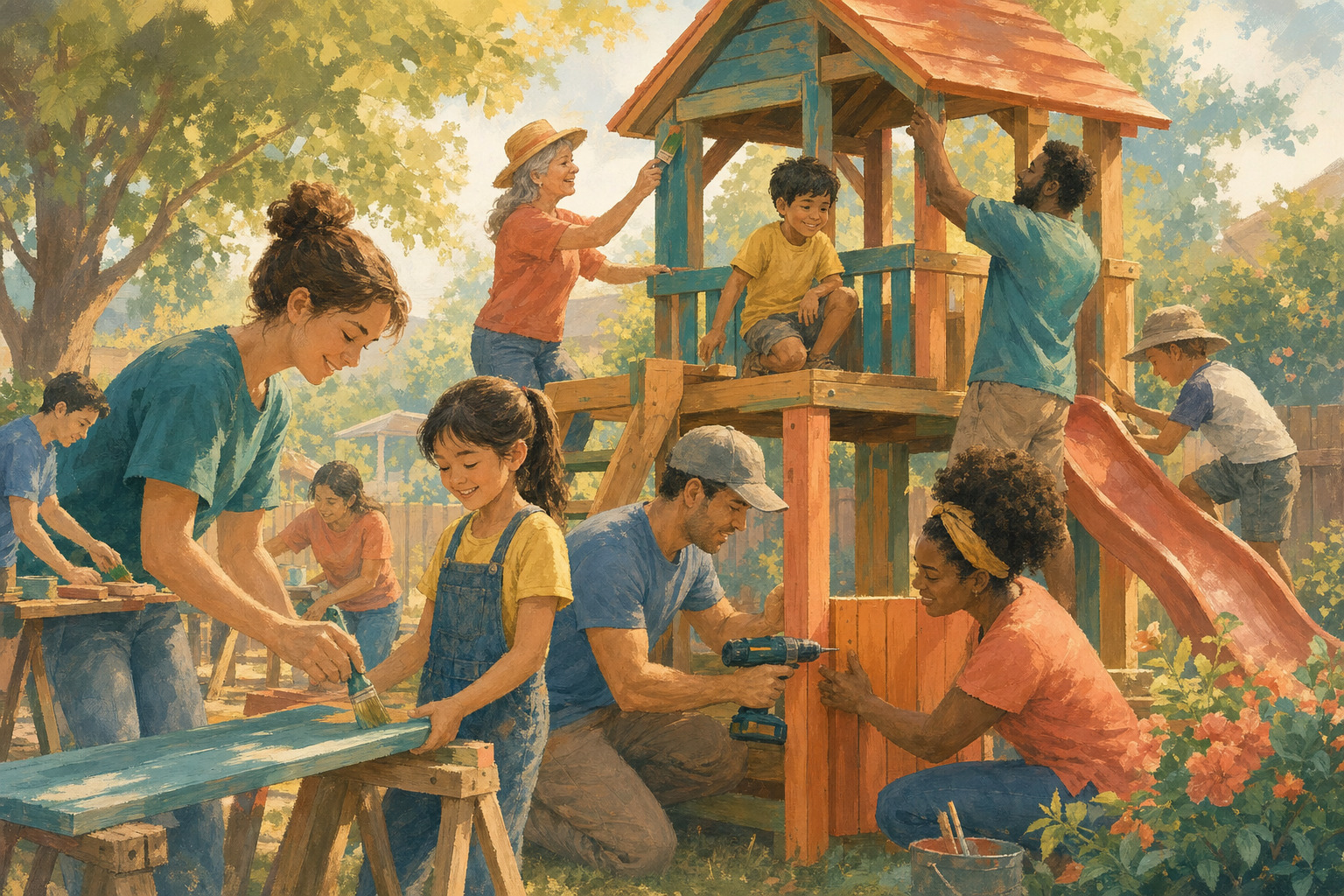Volunteers building a colorful backyard playset for a young child.