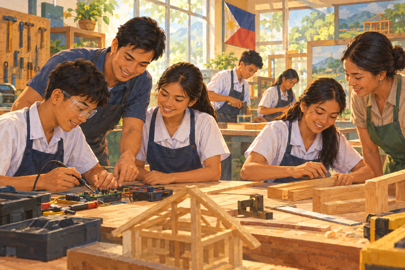 Students learn practical skills with a mentor in a bright workplace-training setting.