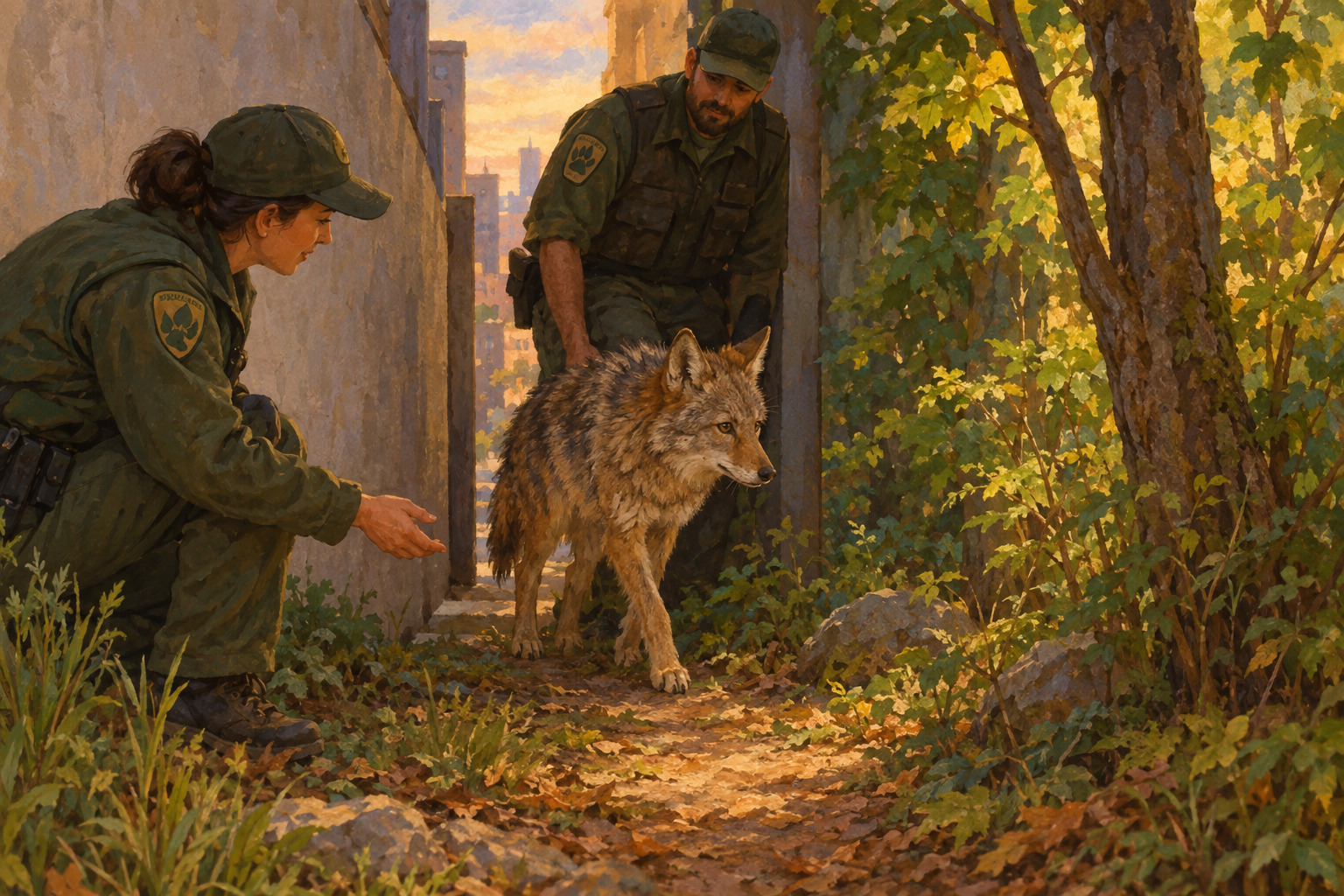 Wildlife officers free a coyote from between two walls near a Pittsburgh alley.