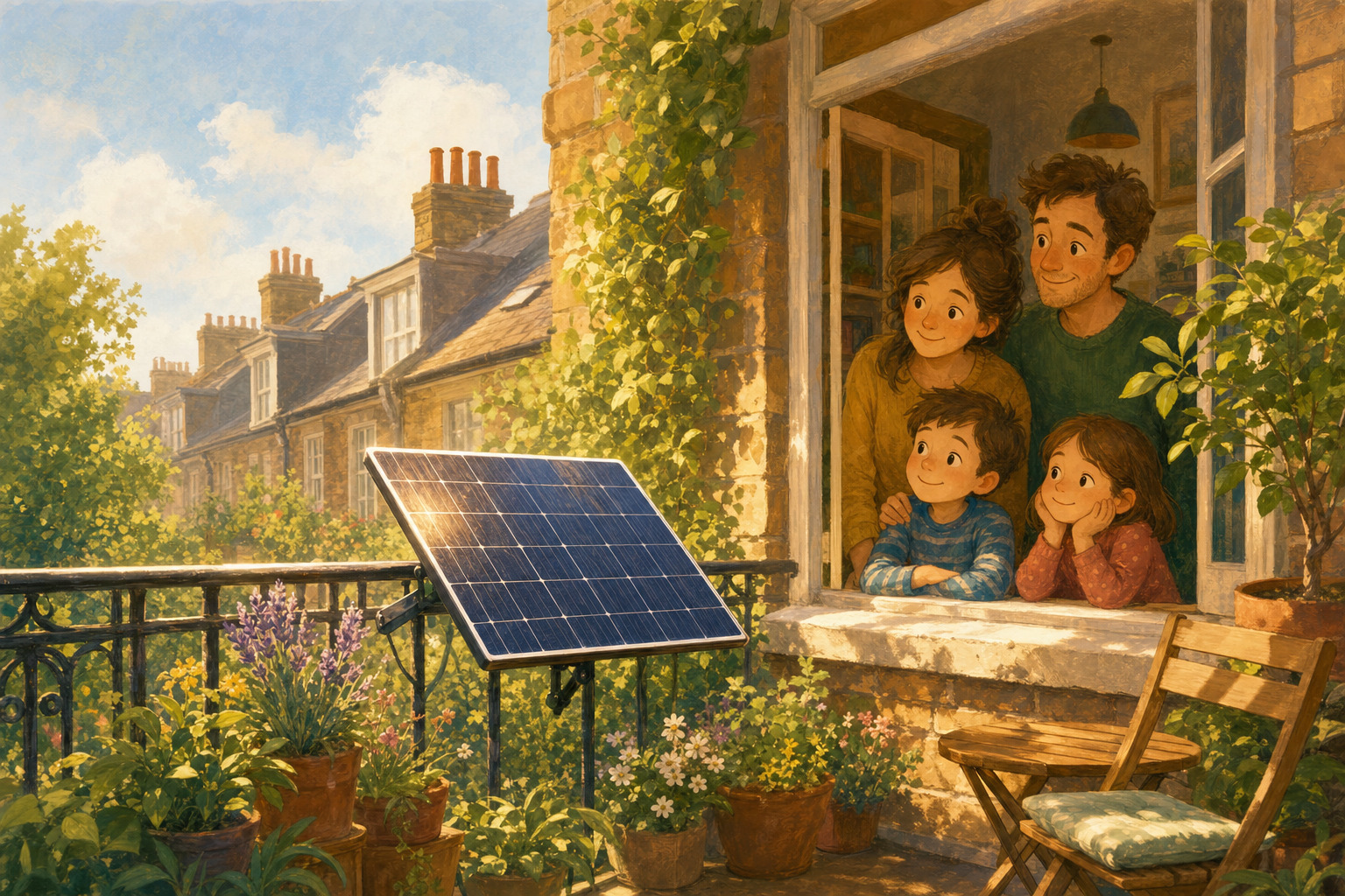 A small solar panel generating electricity on a sunny home balcony.
