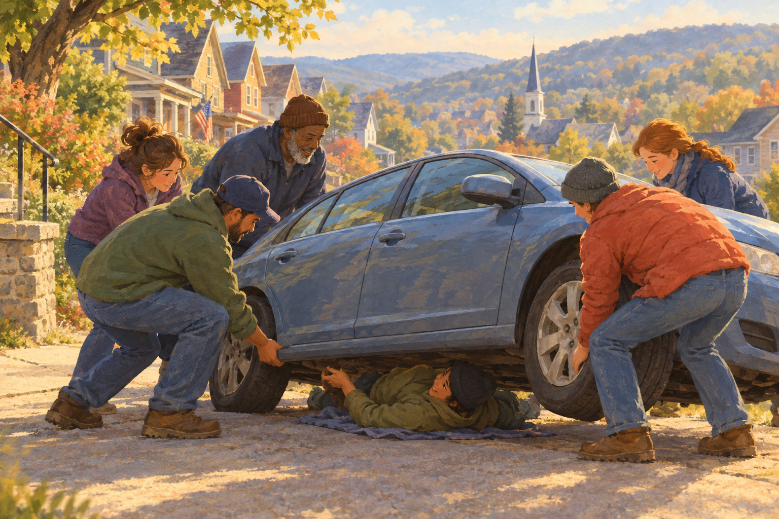 A group of neighbors helps free an injured cyclist from beneath a car on a neighborhood street.