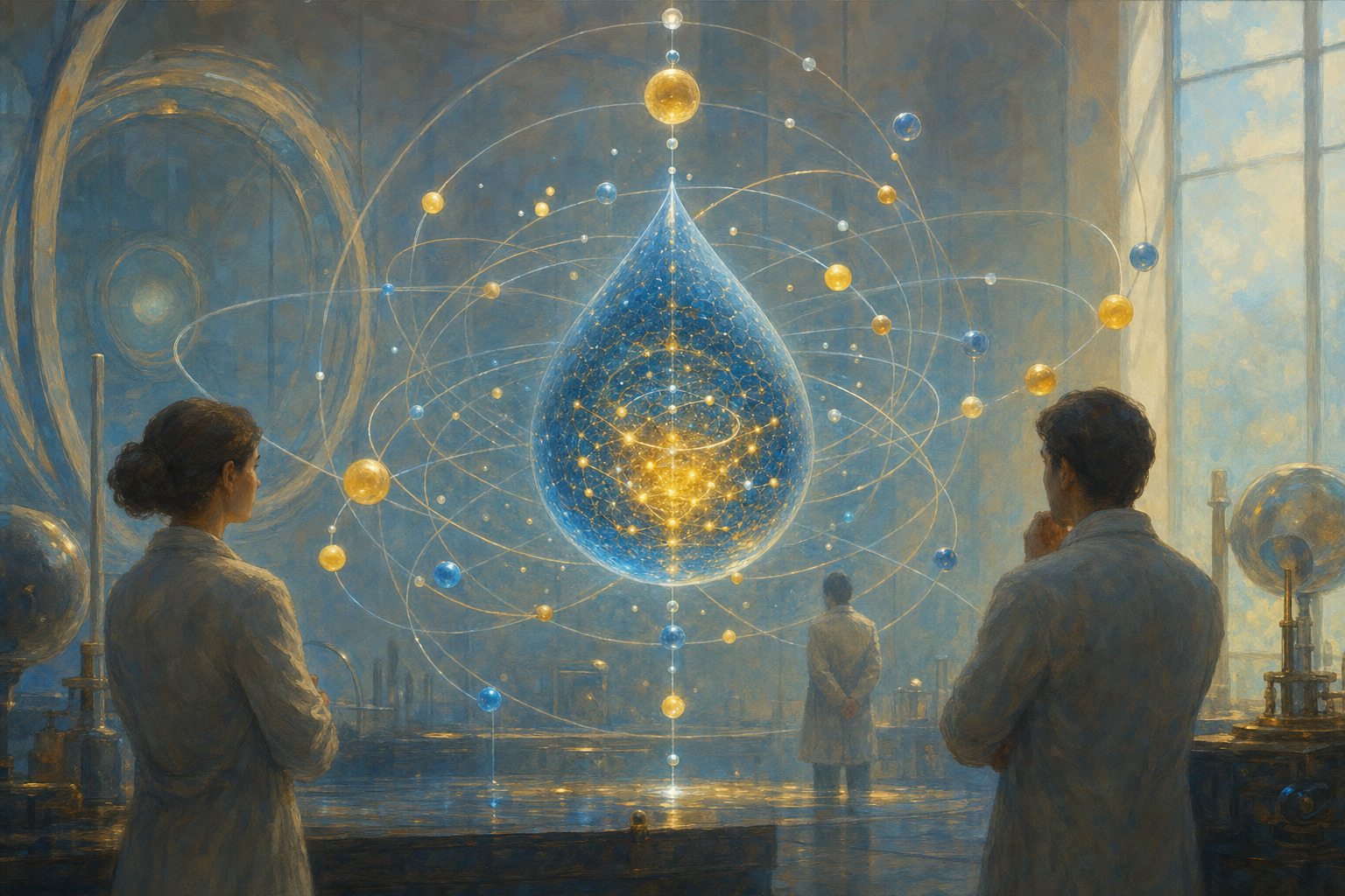 A glowing quantum droplet represents particles balancing in a laboratory experiment.