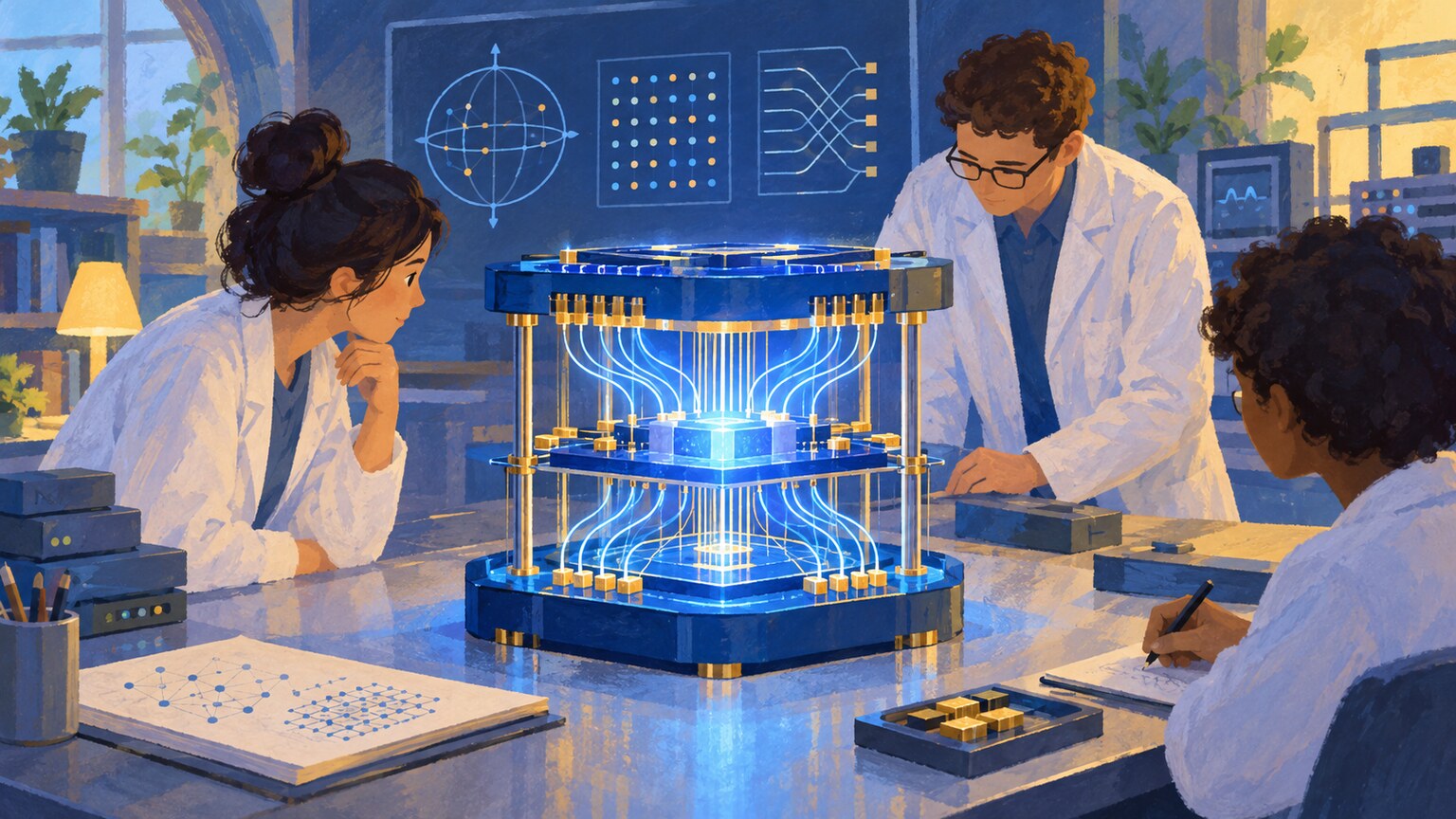 Ein kleiner leuchtender Quantenprozessor, umgeben von feinen blauen Lichtmustern.