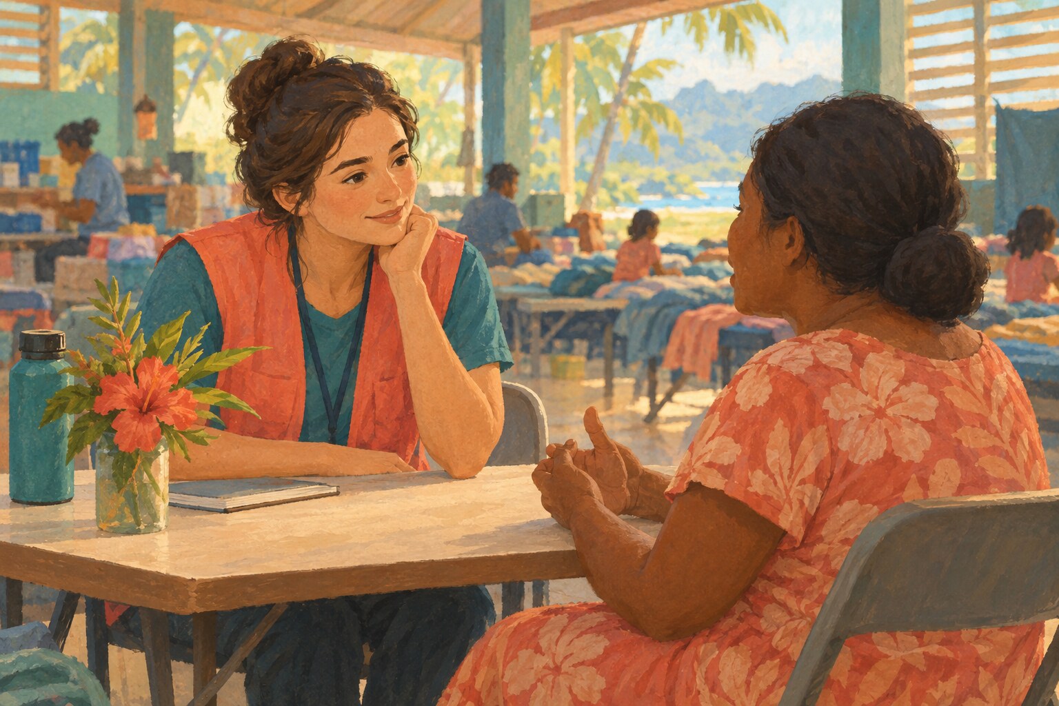 A disaster-relief volunteer listens carefully to a woman in a community shelter.