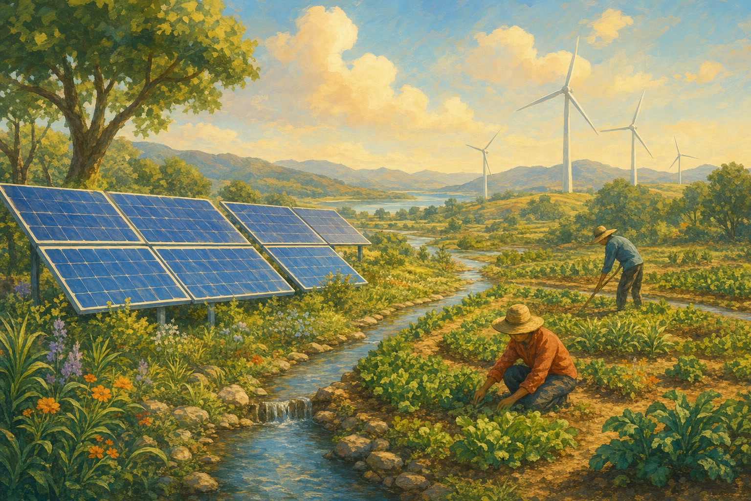 Solar panels sharing a restored landscape with plants and farmland.