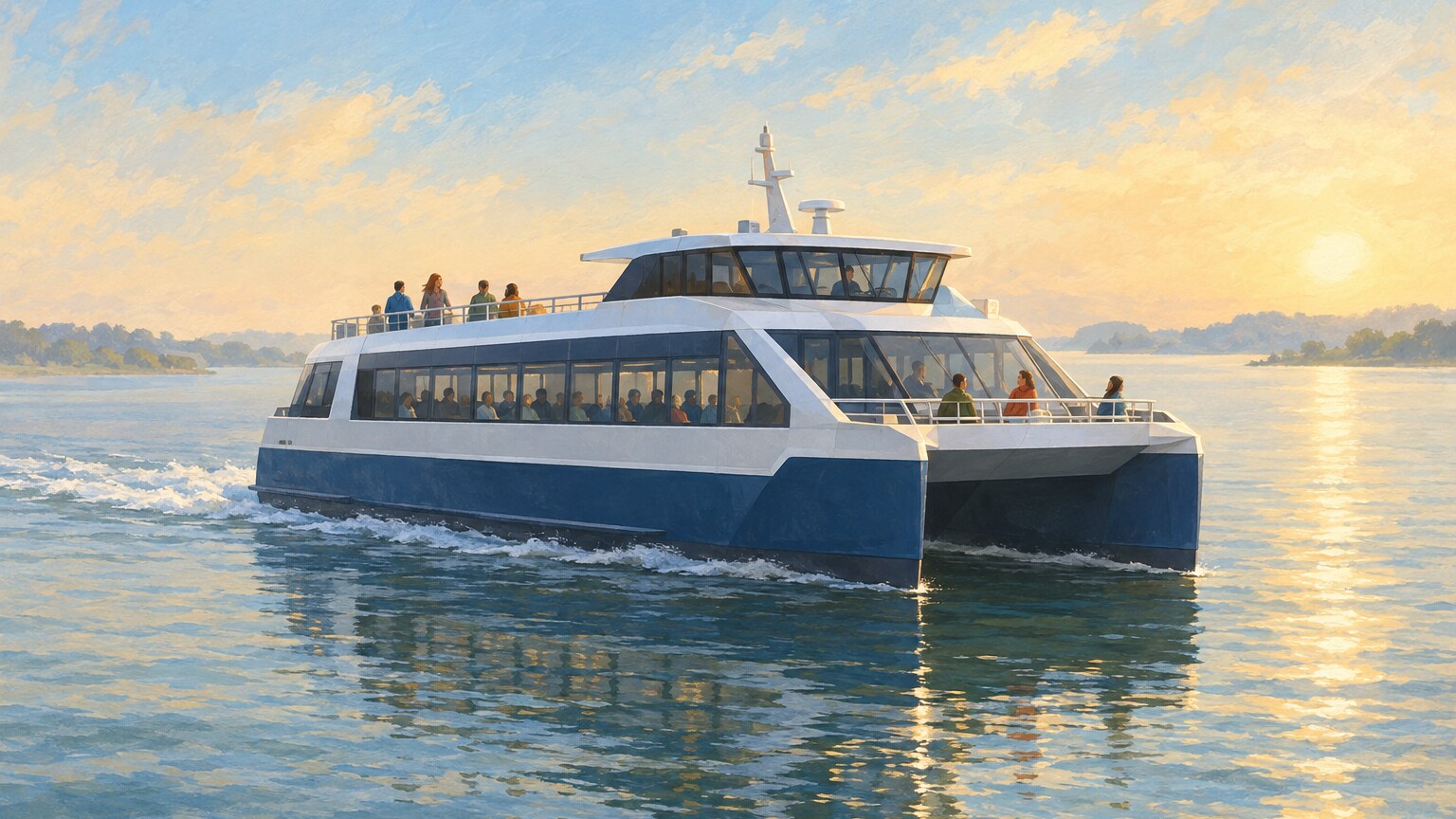 Eine konzeptionelle Illustration eines Passagierkatamarans auf weitem Wasser.