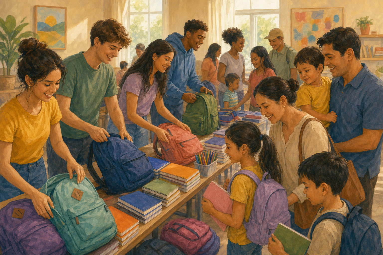 Students arranging backpacks and school supplies as children choose their favorites at a community event.