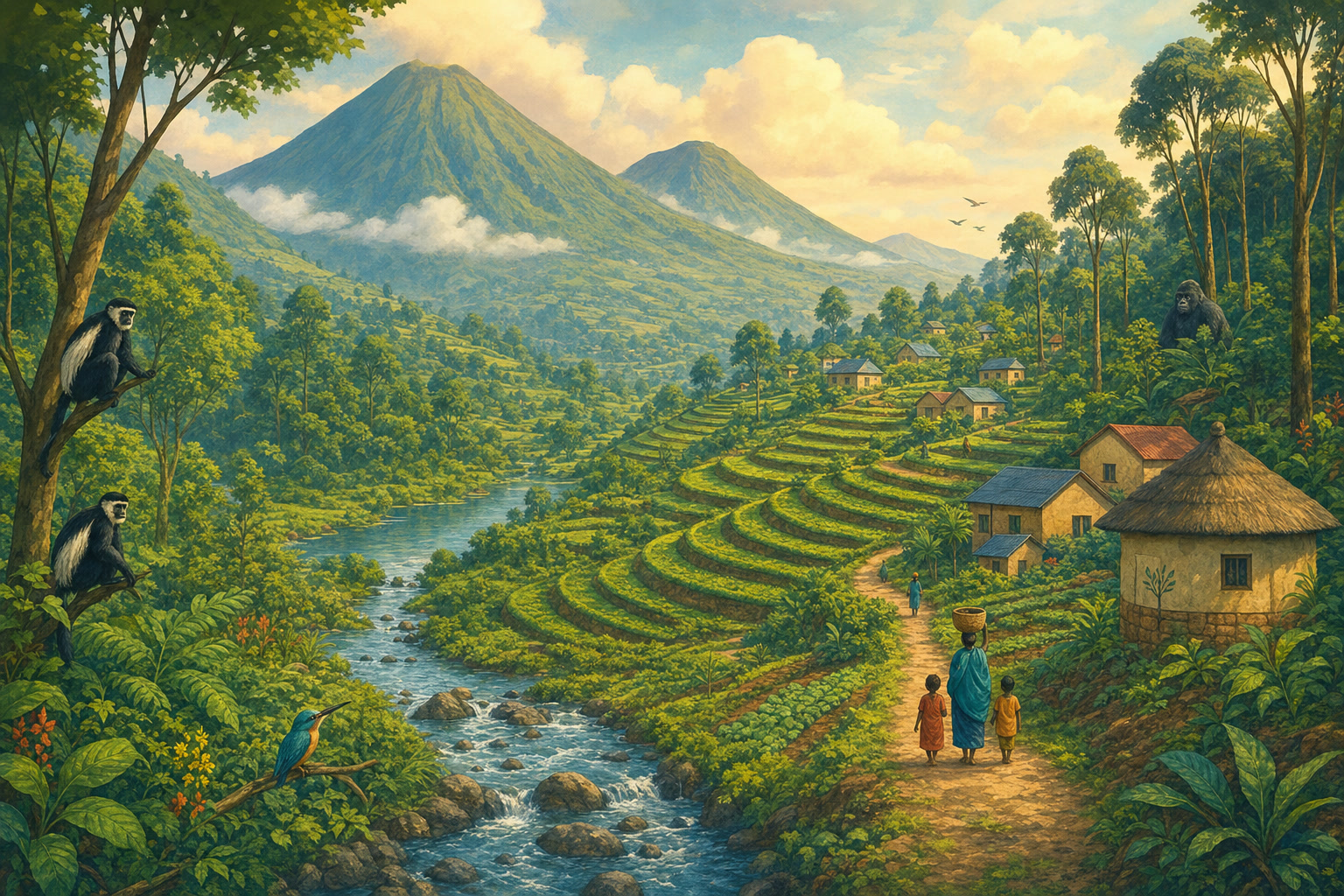 Green hills, a restored watershed, and a village in Rwanda’s Volcanoes region.