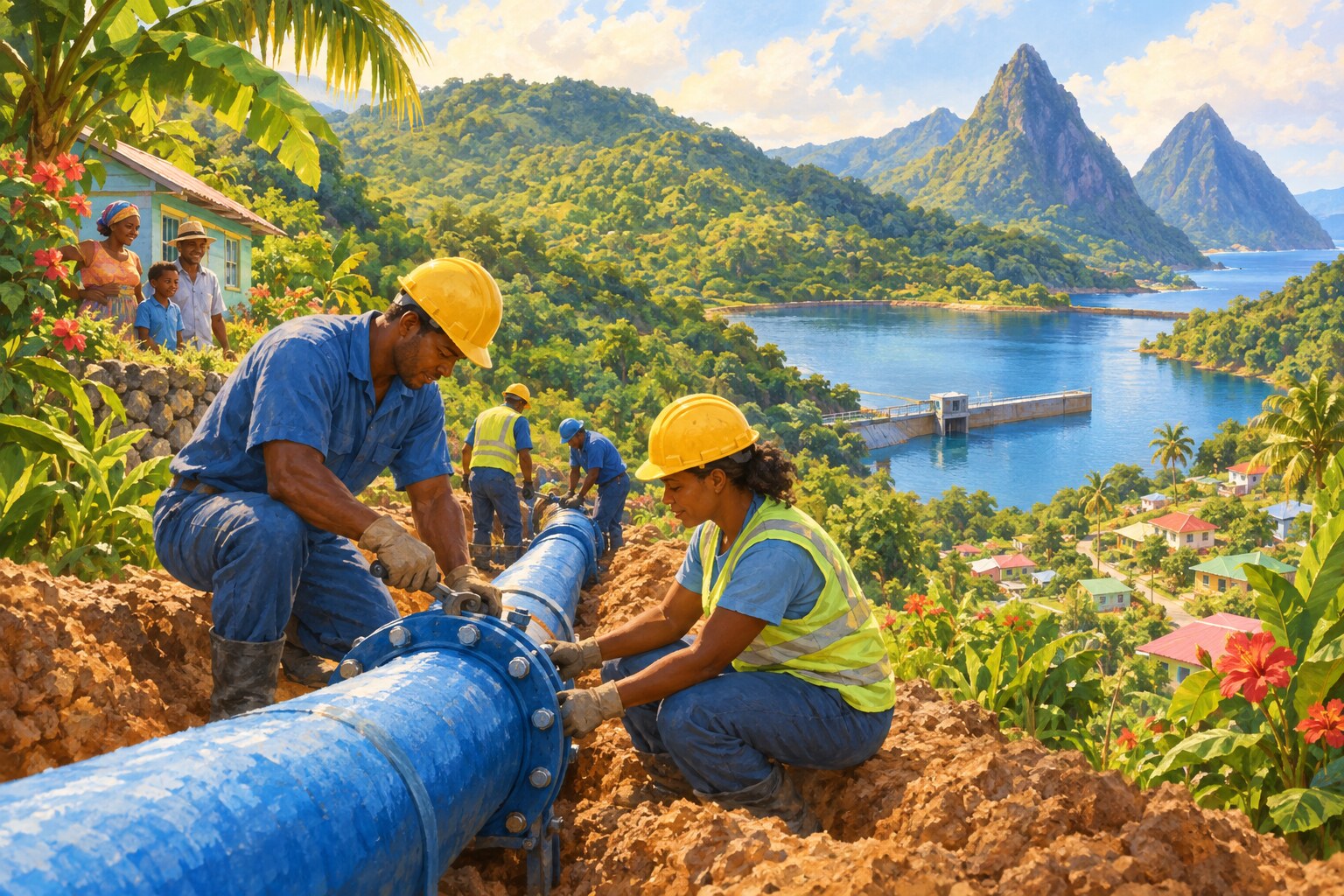 Workers upgrade a water pipeline in a green Saint Lucian valley.