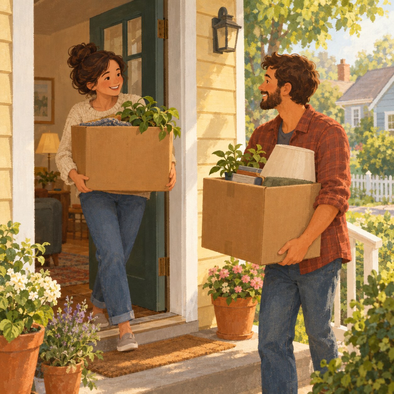 Two neighbors carry boxes together through a home doorway.