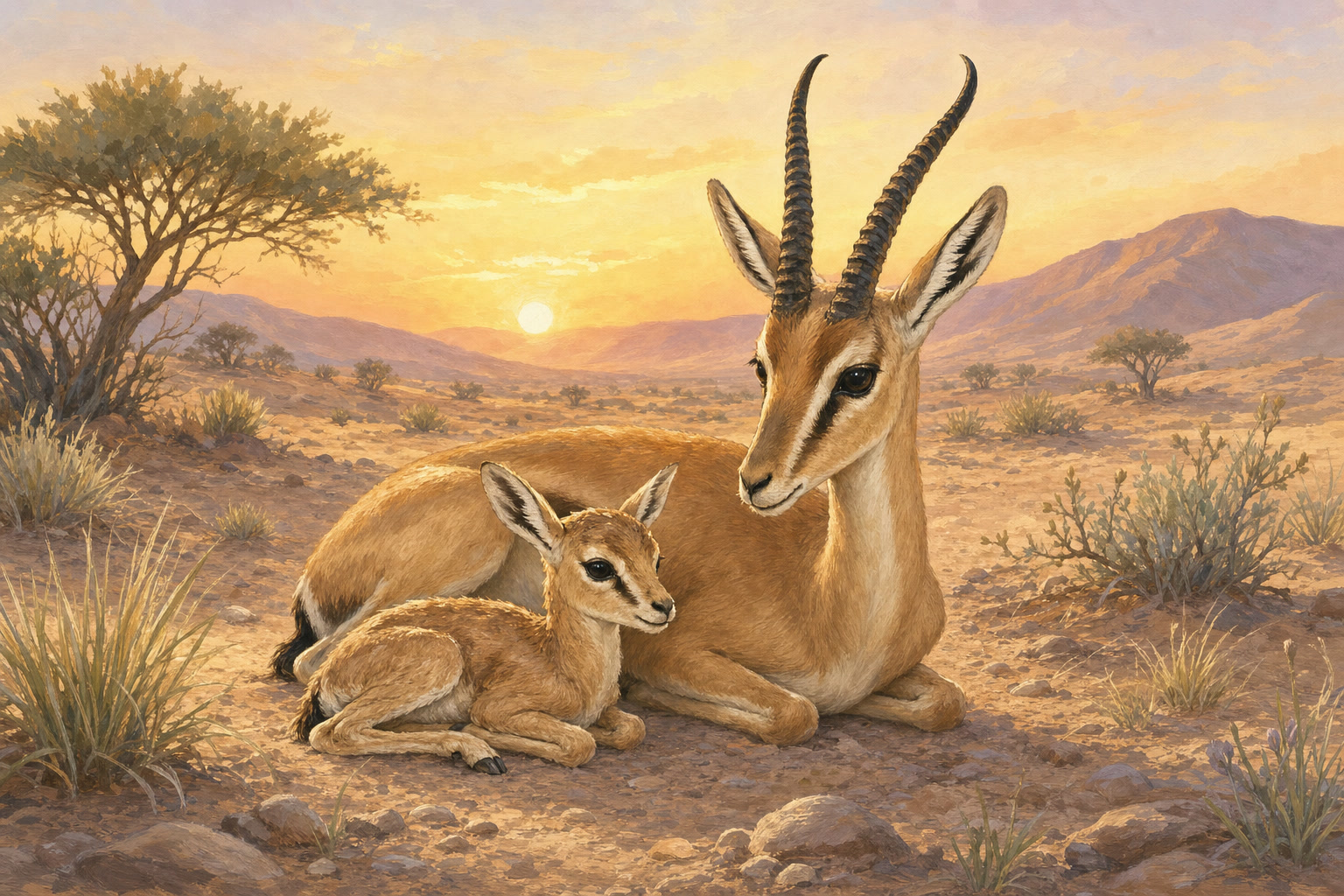 Arabian gazelles in a protected Saudi nature reserve at sunrise.