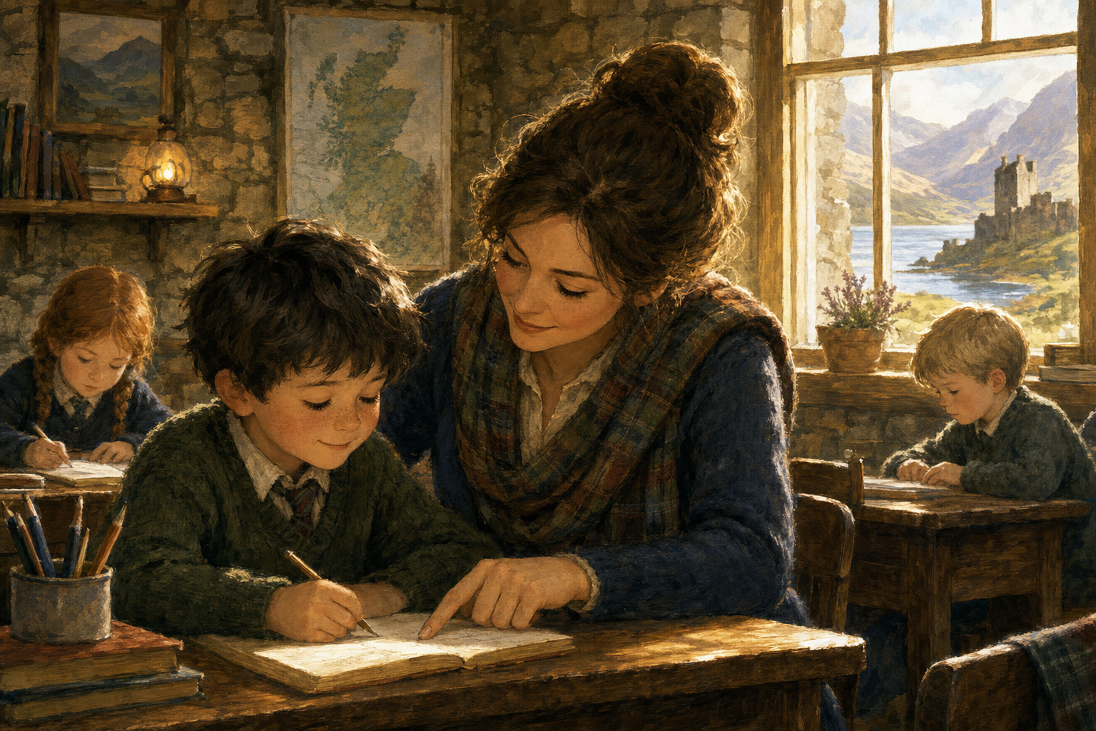 A teacher, parent and child look together at a welcoming classroom map.