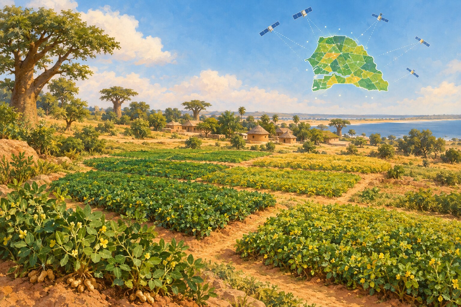 Small crop fields in Senegal beneath a softly illustrated pattern inspired by satellite mapping.