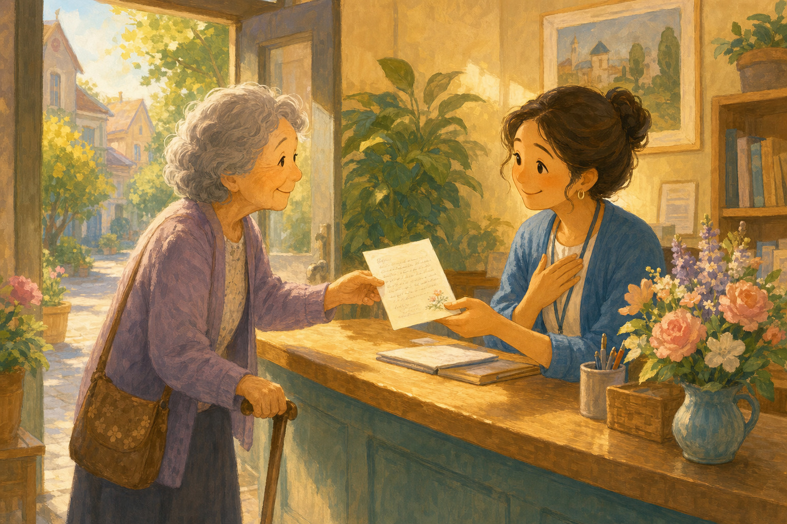 An older resident gives a thank-you letter to a community worker who helped him.