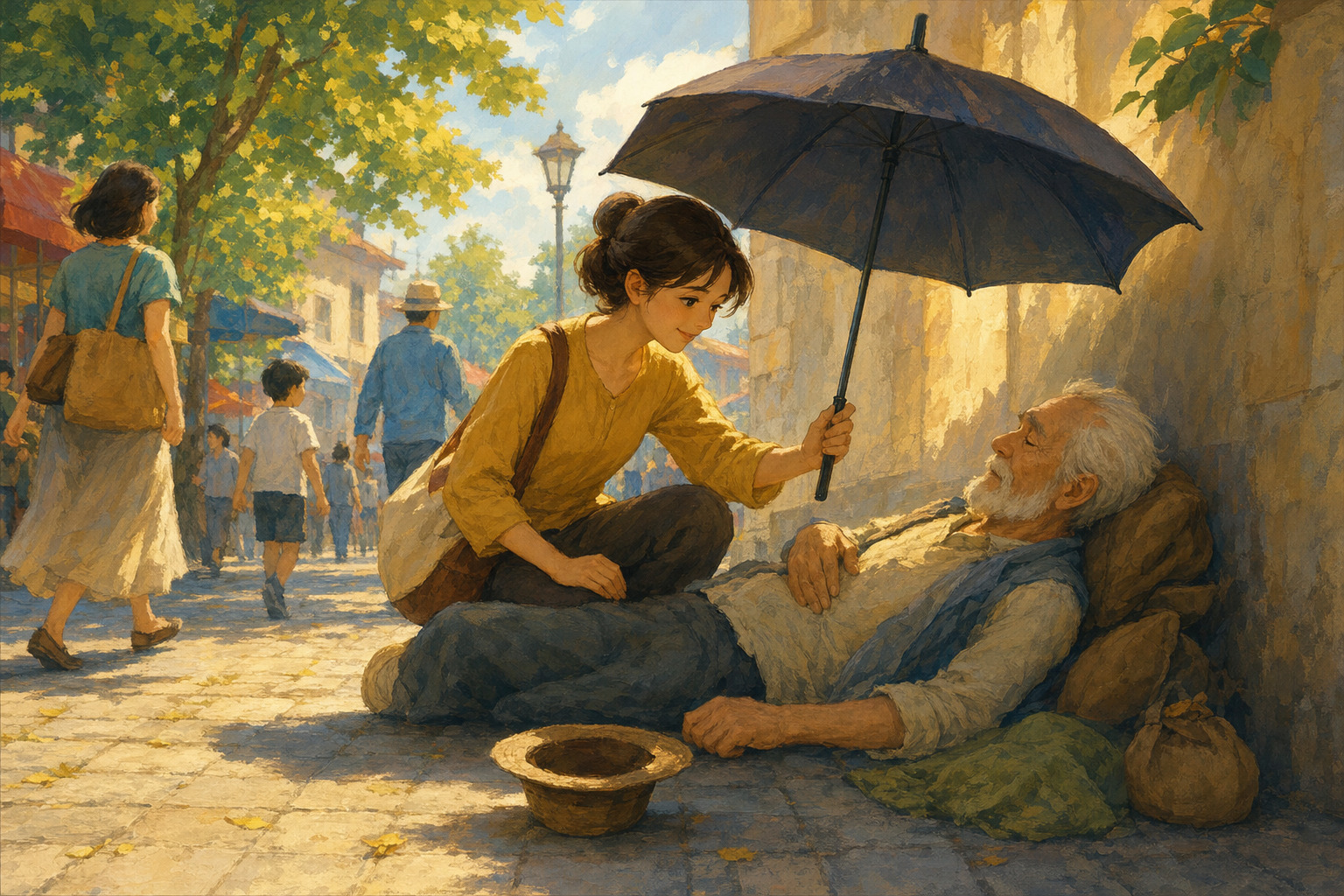 Neighbors use an umbrella and offer help to an older man on a sunny sidewalk.