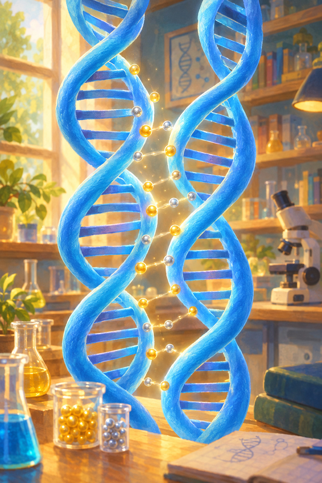 Two DNA double helices align with tiny charged ions bridging the space between them.