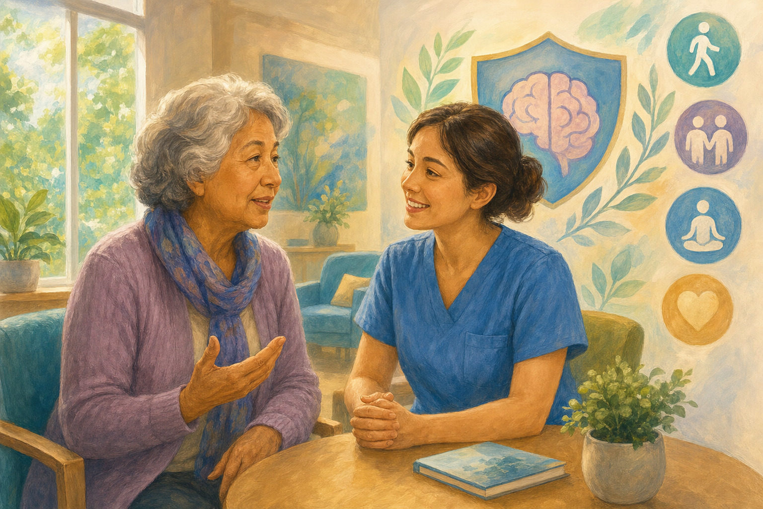 An older adult talks with a nurse in a bright community clinic.